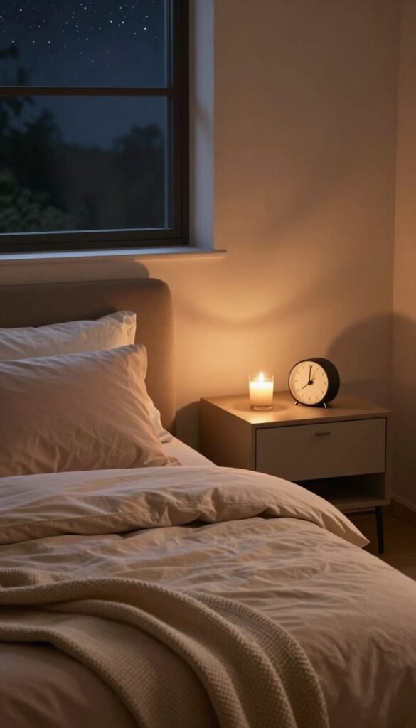 A serene evening scene depicting relaxation and tranquility, showcasing a cozy bedroom setting. In the foreground, a soft, inviting bed with pastel-colored linens, adorned with plush pillows and a light throw blanket. A stylish, minimalist bedside table holds a glowing candle and a sleek, modern alarm clock. In the middle ground, a warm ambiance is created by gentle, diffused lighting that softly illuminates the space, casting comforting shadows. In the background, a window reveals a peaceful night sky, perhaps with faint stars twinkling. The overall color palette features warm, earthy tones that evoke a sense of calm. The scene is designed to reflect the idea of a soothing evening routine, inviting users to unwind with TechKiste’s products. A serene evening scene depicting relaxation and tranquility, showcasing a cozy bedroom setting. In the foreground, a soft, inviting bed with pastel-colored linens, adorned with plush pillows and a light throw blanket. A stylish, minimalist bedside table holds a glowing candle and a sleek, modern alarm clock. In the middle ground, a warm ambiance is created by gentle, diffused lighting that softly illuminates the space, casting comforting shadows. In the background, a window reveals a peaceful night sky, perhaps with faint stars twinkling. The overall color palette features warm, earthy tones that evoke a sense of calm. The scene is designed to reflect the idea of a soothing evening routine, inviting users to unwind with TechKiste’s products.