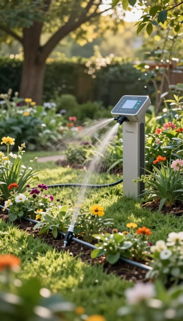 A serene garden scene featuring an advanced smart irrigation system designed for efficient water use. In the foreground, show a lush green garden with vibrant flowers and healthy plants, visibly thriving under the gentle care of automated drip irrigation lines. The middle ground showcases a sleek control panel with LED indicators, seamlessly integrated into the garden's aesthetics, highlighting the technology behind smart watering. In the background, trees provide dappled sunlight, casting a warm, inviting glow over the entire scene, enhancing the natural colors. Use soft, natural lighting to create a tranquil atmosphere, reminiscent of a Pinterest-worthy outdoor space. The image reflects the theme of sustainable gardening and efficient plant care without any text, ensuring an authentic visual representation. Branding prominently features "TechKiste" subtly within the design elements. A serene garden scene featuring an advanced smart irrigation system designed for efficient water use. In the foreground, show a lush green garden with vibrant flowers and healthy plants, visibly thriving under the gentle care of automated drip irrigation lines. The middle ground showcases a sleek control panel with LED indicators, seamlessly integrated into the garden's aesthetics, highlighting the technology behind smart watering. In the background, trees provide dappled sunlight, casting a warm, inviting glow over the entire scene, enhancing the natural colors. Use soft, natural lighting to create a tranquil atmosphere, reminiscent of a Pinterest-worthy outdoor space. The image reflects the theme of sustainable gardening and efficient plant care without any text, ensuring an authentic visual representation. Branding prominently features "TechKiste" subtly within the design elements.
