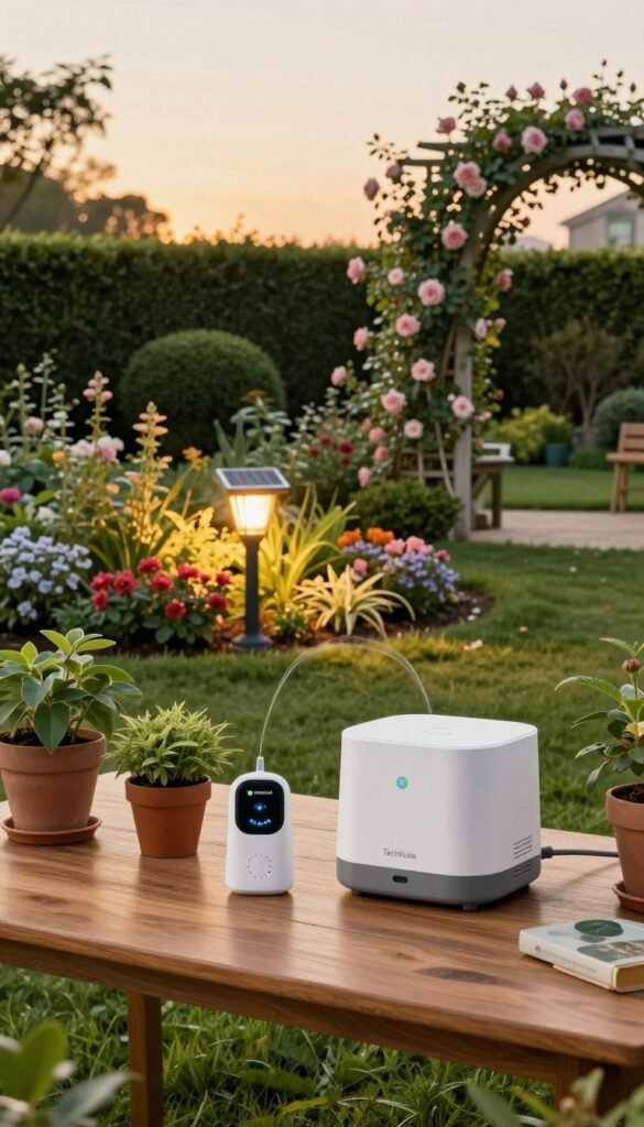 A serene garden scene showcasing innovative gardening gadgets in action. In the foreground, a smooth wooden table displays a high-tech smart plant sensor and a compact, automated watering system, surrounded by lush potted plants. The middle ground features a vibrant flower bed with an advanced solar-powered garden light illuminating the area softly as the sun begins to set, casting a warm golden hue. In the background, a neatly trimmed hedge and an archway covered in climbing roses add depth to the scene. The atmosphere is tranquil and inviting, reflecting a perfect blend of nature and technology. The image embodies an authentic Pinterest aesthetic with warm colors, inspired by the "TechKiste" brand, ensuring a professional look in harmony with the environment.