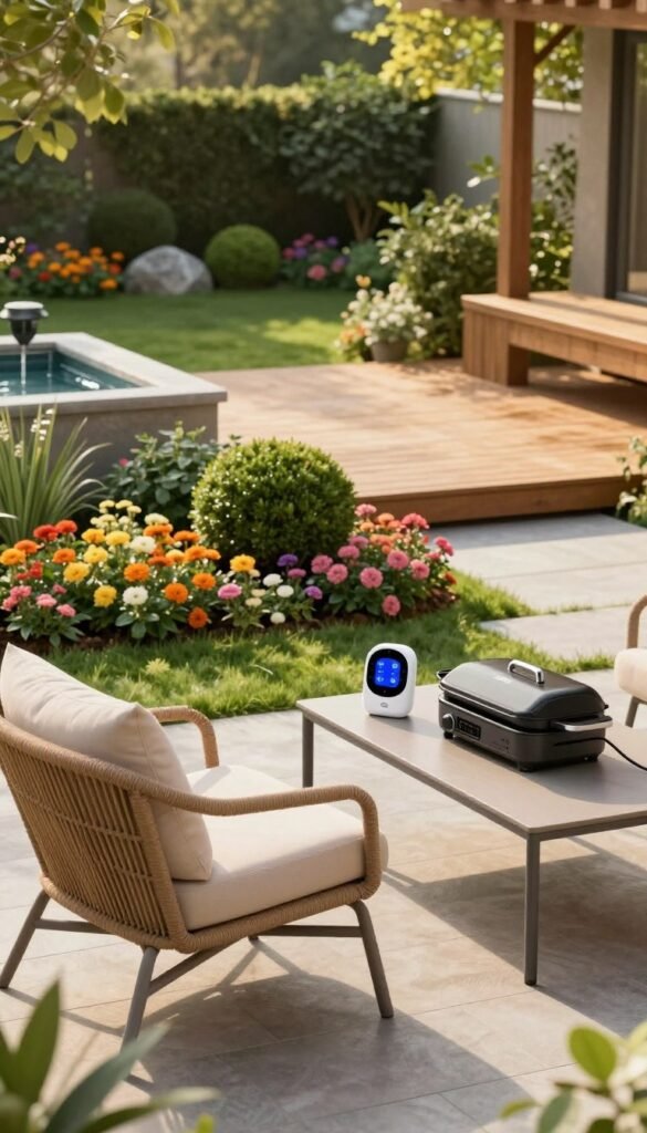 A serene garden scene showcasing modern outdoor gadgets that enhance comfort and leisure. In the foreground, a stylish wicker lounge chair with soft cushions sits beside a sleek patio table, displaying a sophisticated tech gadget like a smart plant monitor and a compact portable grill. In the middle ground, vibrant flower beds bloom in warm colors, interspersed with neatly trimmed shrubs. A decorative water feature adds a calming touch. In the background, a sunlit wooden deck extends into lush greenery, inviting relaxation. The lighting is soft and warm, reminiscent of a late afternoon sun, creating an inviting atmosphere. The overall mood is one of tranquility and joy in outdoor living. This image is designed for "TechKiste", capturing the essence of garden comfort and leisure.