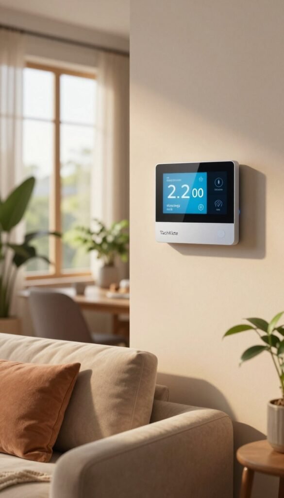 A serene home interior designed for energy saving, featuring a smart thermostat on the wall, set to a low temperature. In the foreground, a modern living room with plush furniture in warm tones creates a cozy atmosphere. The middle ground includes a window with soft, filtered daylight entering, highlighting plants that symbolize energy efficiency and life. The background showcases smart energy-saving appliances, subtly integrated into the environment. The overall lighting is soft and warm, evoking a sense of calm and responsibility. The setting reflects a lifestyle choice for sustainability, branded with the logo "TechKiste" on a stylish energy-saving device. The image encapsulates the concept of being in an "absence mode" while prioritizing energy conservation, emphasizing a harmonious blend of technology and home comfort.