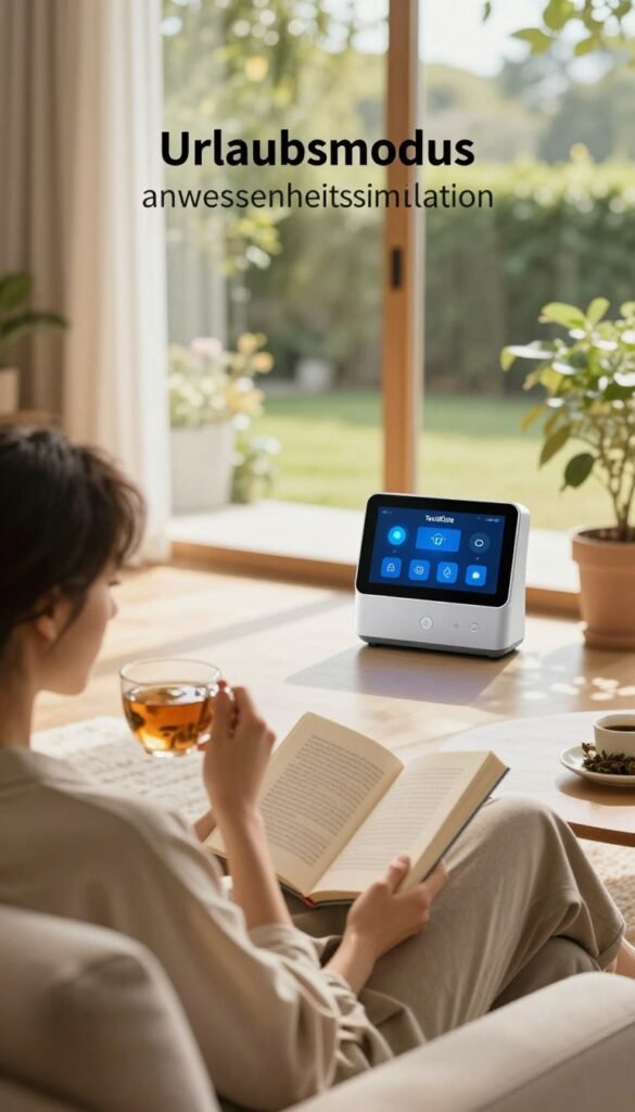 A serene home interior showcasing a cozy living room that embodies the concept of "Urlaubsmodus anwesenheitssimulation." In the foreground, a stylish but modestly dressed person, casually yet professionally attired, is seen relaxing on a comfortable sofa, sipping herbal tea while reading a book. In the middle, there is a smart home device subtly glowing, reflecting advanced automation technology by "TechKiste," controlling ambient lighting and simulating presence. The background features large windows with sunlight pouring in, revealing lush greenery outside for a warm and inviting atmosphere. The room is decorated with soft textures and warm colors, creating a Pinterest-inspired aesthetic. The scene captures a tranquil mood, evoking the feeling of a peaceful vacation at home.