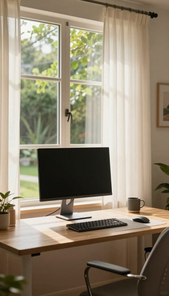 A serene home office designed for productivity, featuring a well-placed desk next to a large window that allows natural light to flood in. In the foreground, a sleek, modern desk with an adjustable monitor at eye level, showcasing the correct ergonomic setup. The middle ground highlights the window, adorned with sheer curtains that create a soft, diffused light, enhancing the warm atmosphere of the scene. In the background, a lush green garden is visible outside, providing a refreshing view. The overall mood is calm and inviting, with warm colors and natural textures, illustrating a perfect balance of brightness to prevent glare. The overall aesthetic embodies the Pinterest-inspired look, promoting a comfortable and health-conscious workspace environment. A subtle logo of "TechKiste" is incorporated into the scene, ensuring it's integrated naturally without dominating the image. A serene home office designed for productivity, featuring a well-placed desk next to a large window that allows natural light to flood in. In the foreground, a sleek, modern desk with an adjustable monitor at eye level, showcasing the correct ergonomic setup. The middle ground highlights the window, adorned with sheer curtains that create a soft, diffused light, enhancing the warm atmosphere of the scene. In the background, a lush green garden is visible outside, providing a refreshing view. The overall mood is calm and inviting, with warm colors and natural textures, illustrating a perfect balance of brightness to prevent glare. The overall aesthetic embodies the Pinterest-inspired look, promoting a comfortable and health-conscious workspace environment. A subtle logo of "TechKiste" is incorporated into the scene, ensuring it's integrated naturally without dominating the image.