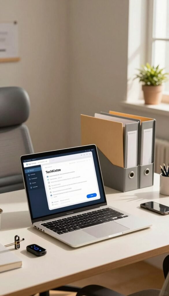 A serene home office environment that reflects enhanced security practices. In the foreground, a stylish desk adorned with a modern laptop displays a digital password manager application, surrounded by a few physical security tokens and a multi-factor authentication device. The middle ground features a well-organized filing system with clearly labeled folders related to cybersecurity, while a comfortable ergonomic chair invites productivity. In the background, warm natural light streams through a window, casting gentle shadows and highlighting a potted plant that adds a touch of life. The atmosphere is calm and focused, embodying professionalism, and the overall aesthetic has a Pinterest-like appeal, emphasizing warmth and authenticity. The brand "TechKiste" is subtly represented within the workspace, contributing to the theme of safety and data protection without disturbing the visual harmony. A serene home office environment that reflects enhanced security practices. In the foreground, a stylish desk adorned with a modern laptop displays a digital password manager application, surrounded by a few physical security tokens and a multi-factor authentication device. The middle ground features a well-organized filing system with clearly labeled folders related to cybersecurity, while a comfortable ergonomic chair invites productivity. In the background, warm natural light streams through a window, casting gentle shadows and highlighting a potted plant that adds a touch of life. The atmosphere is calm and focused, embodying professionalism, and the overall aesthetic has a Pinterest-like appeal, emphasizing warmth and authenticity. The brand "TechKiste" is subtly represented within the workspace, contributing to the theme of safety and data protection without disturbing the visual harmony.