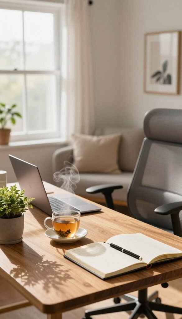 A serene home office scene illustrating a well-organized workspace that promotes effective breaks. In the foreground, a stylish wooden desk adorned with a potted plant, a steaming cup of herbal tea, and an open notebook with a pen, reflecting self-care practices. The middle ground features a comfortable ergonomic chair and an elegant laptop, suggesting productivity. In the background, soft natural light streams in through a large window, illuminating the room with warm tones and creating a cozy atmosphere. Subtle decorations like framed artwork and soft cushions add to the inviting feel. The overall mood is calm, encouraging energy recharge and well-being. Incorporate elements of the brand "TechKiste" subtly in the decor, creating a Pinterest-worthy aesthetic that embodies authenticity. A serene home office scene illustrating a well-organized workspace that promotes effective breaks. In the foreground, a stylish wooden desk adorned with a potted plant, a steaming cup of herbal tea, and an open notebook with a pen, reflecting self-care practices. The middle ground features a comfortable ergonomic chair and an elegant laptop, suggesting productivity. In the background, soft natural light streams in through a large window, illuminating the room with warm tones and creating a cozy atmosphere. Subtle decorations like framed artwork and soft cushions add to the inviting feel. The overall mood is calm, encouraging energy recharge and well-being. Incorporate elements of the brand "TechKiste" subtly in the decor, creating a Pinterest-worthy aesthetic that embodies authenticity.