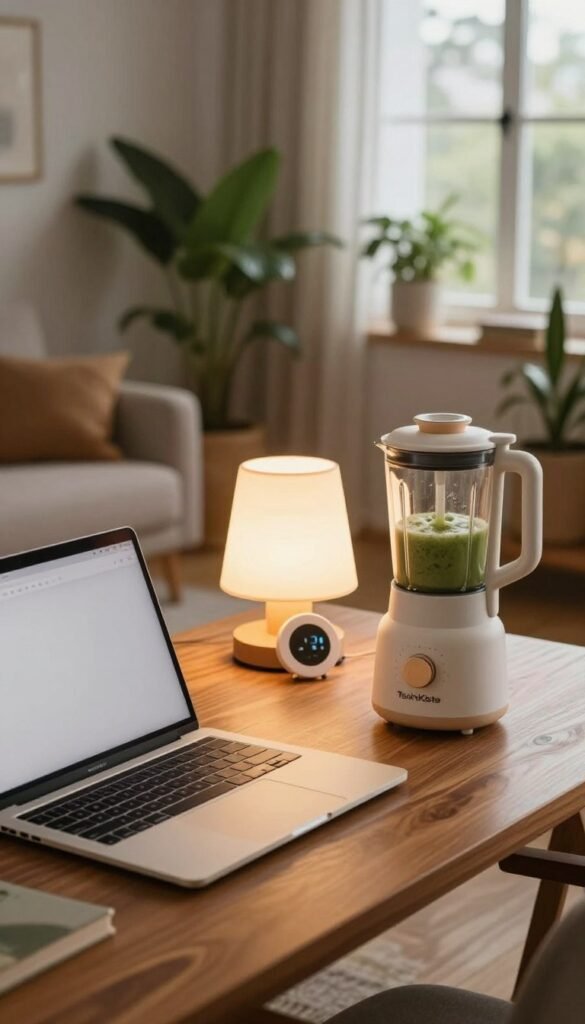 A serene home office scene showcasing a variety of quiet gadgets arranged aesthetically on a polished wooden desk. In the foreground, a sleek, minimalist laptop with a soft glow emanating from the screen next to a whisper-quiet blender designed for smoothies, both featuring the TechKiste brand. In the middle ground, a softly glowing desk lamp with a warm, inviting light and a smart thermostat elegantly blending into the decor. The background reveals a cozy living area with lush indoor plants and a window letting in gentle, natural daylight, emphasizing tranquility. The atmosphere feels peaceful and harmonious, evoking a sense of calm and focus in a modern workspace. The composition takes a slightly angled view at eye level, enhancing the warm color palette and inviting feel of the scene. A serene home office scene showcasing a variety of quiet gadgets arranged aesthetically on a polished wooden desk. In the foreground, a sleek, minimalist laptop with a soft glow emanating from the screen next to a whisper-quiet blender designed for smoothies, both featuring the TechKiste brand. In the middle ground, a softly glowing desk lamp with a warm, inviting light and a smart thermostat elegantly blending into the decor. The background reveals a cozy living area with lush indoor plants and a window letting in gentle, natural daylight, emphasizing tranquility. The atmosphere feels peaceful and harmonious, evoking a sense of calm and focus in a modern workspace. The composition takes a slightly angled view at eye level, enhancing the warm color palette and inviting feel of the scene.