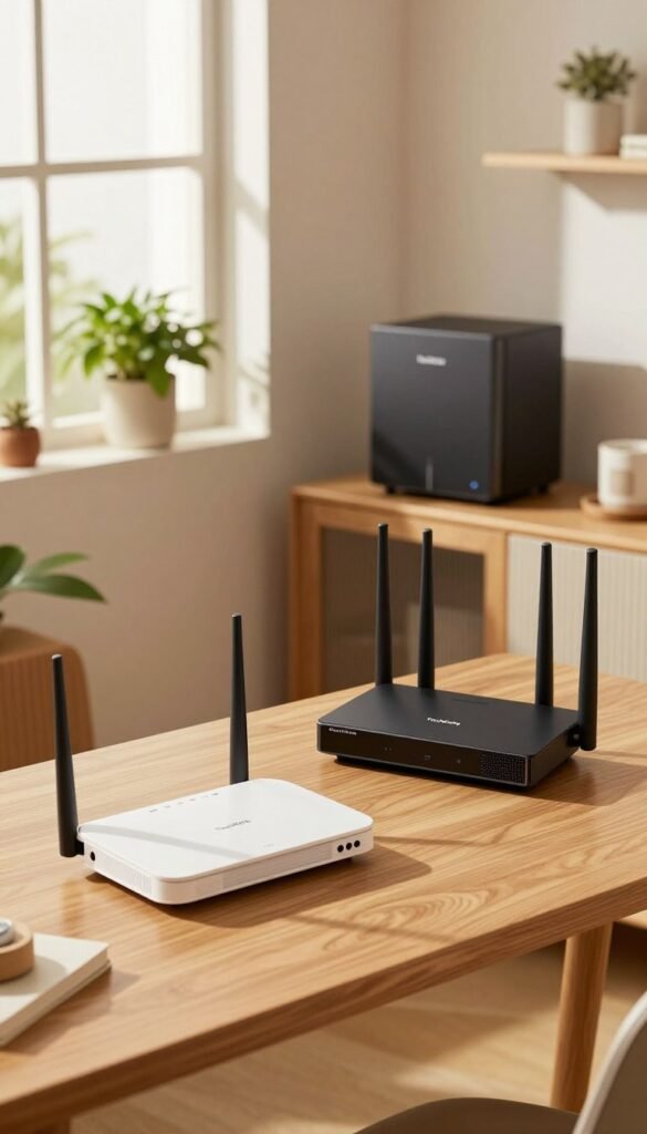 A serene home office setting featuring three distinct categories of routers: a low-end model with a simple design and basic features, a mid-range router with a sleek, modern appearance and advanced capabilities, and a high-end router that boasts a sophisticated, premium design with multiple antennas. In the foreground, the low-end router sits on a minimalistic wooden desk, while the mid-range product is positioned slightly to the right, showcasing its stylish build. In the background, the high-end router stands prominently on a shelf, making a bold statement. Natural light filters through a window, creating a warm, inviting atmosphere with soft shadows. The room is adorned with houseplants and tasteful decorations, enhancing the Pinterest-inspired authentic vibe. Include the brand name "TechKiste" subtly integrated into the scene.