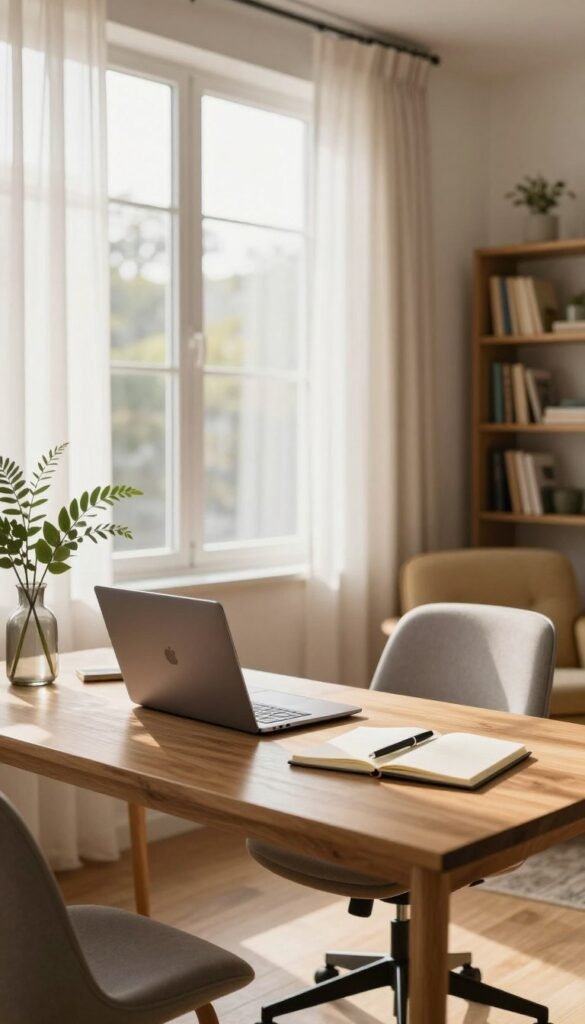 A serene home office setting illuminated by soft, natural daylight. In the foreground, a stylish wooden desk with a sleek laptop, fresh greenery in a vase, and a notepad with a pen, all bathed in warm, inviting tones. The middle ground features a comfortable office chair positioned in front of the desk, connecting the workspace with the natural light streaming in through large, airy windows draped with light sheer curtains. In the background, a cozy reading nook with a small bookshelf filled with books and a plush armchair, creating a balanced composition. The atmosphere is bright and inspiring, promoting productivity and warmth, embodying a modern Pinterest aesthetic. Brand elements subtly incorporated, reflecting TechKiste's focus on optimal home office lighting.
