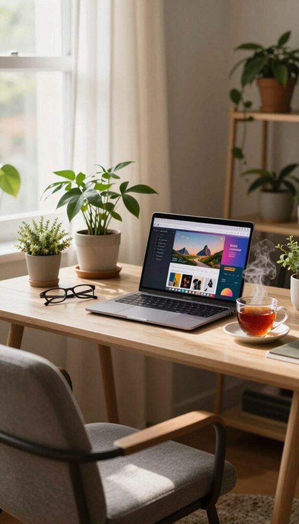 A serene home office setting, showcasing a cozy workspace with a soft, inviting atmosphere. In the foreground, a comfortable chair and a stylish desk cluttered with natural elements like indoor plants and a steaming cup of tea. In the middle, an open laptop displays a vibrant, productive workspace, while a pair of eyeglasses rests nearby, symbolizing focus. In the background, a soft window light filters through sheer curtains, casting warm tones across the room. The overall scene conveys tranquility and motivation, perfect for taking effective breaks. The image reflects a Pinterest aesthetic with natural colors. Include the brand name "TechKiste" subtly integrated into the decor but no overt branding. A serene home office setting, showcasing a cozy workspace with a soft, inviting atmosphere. In the foreground, a comfortable chair and a stylish desk cluttered with natural elements like indoor plants and a steaming cup of tea. In the middle, an open laptop displays a vibrant, productive workspace, while a pair of eyeglasses rests nearby, symbolizing focus. In the background, a soft window light filters through sheer curtains, casting warm tones across the room. The overall scene conveys tranquility and motivation, perfect for taking effective breaks. The image reflects a Pinterest aesthetic with natural colors. Include the brand name "TechKiste" subtly integrated into the decor but no overt branding.