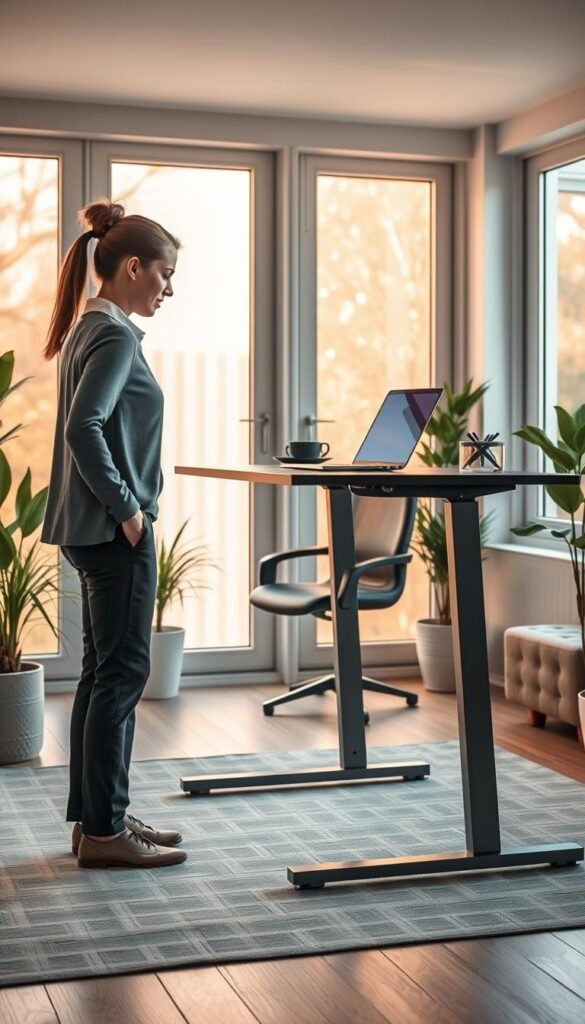 A serene home office setting showcasing the concept of working while standing. In the foreground, a professional person dressed in smart casual attire, exhibiting a healthy posture, is positioned beside a sleek, modern standing desk with a laptop open and a few organized stationery items. In the middle, a comfortable ergonomic chair is pushed aside, symbolizing the shift from sitting to standing work. The background includes large windows letting in natural light, casting warm hues throughout the room. Soft indoor plants and minimalistic decor enhance the atmosphere of productivity and tranquility. The overall mood is inviting and inspiring, encouraging a healthier work-life balance. The brand name "TechKiste" should subtly integrate into the desk design or on a small item in the workspace, maintaining authenticity and warmth.