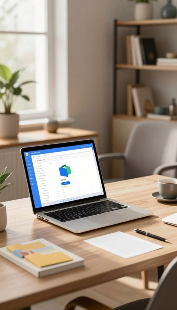 A serene home office setup featuring a sleek desk with a laptop open, seamlessly displaying the OneDrive interface. In the foreground, there are organized folders symbolizing digital order, with a warm color palette to evoke a cozy atmosphere. The middle ground showcases a comfortable ergonomic chair, stylish decor elements like a houseplant, and a modern bookshelf with neatly arranged books. The background is a softly lit window, allowing natural light to cast gentle shadows and highlighting the essence of a productive workspace. The branding "TechKiste" is elegantly incorporated into the scene design, emphasizing a premium aesthetic. Overall, the image reflects a professional and inviting mood of efficiency, ideal for a modern home office environment. A serene home office setup featuring a sleek desk with a laptop open, seamlessly displaying the OneDrive interface. In the foreground, there are organized folders symbolizing digital order, with a warm color palette to evoke a cozy atmosphere. The middle ground showcases a comfortable ergonomic chair, stylish decor elements like a houseplant, and a modern bookshelf with neatly arranged books. The background is a softly lit window, allowing natural light to cast gentle shadows and highlighting the essence of a productive workspace. The branding "TechKiste" is elegantly incorporated into the scene design, emphasizing a premium aesthetic. Overall, the image reflects a professional and inviting mood of efficiency, ideal for a modern home office environment.