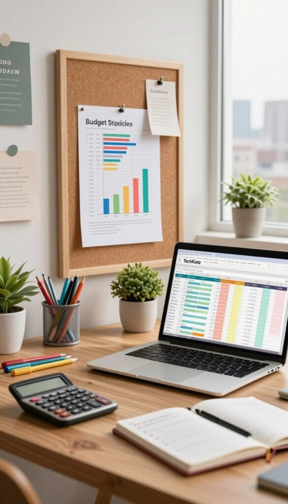 A serene home office setup focusing on budget tracking, featuring a modern wooden desk adorned with a sleek laptop displaying a colorful budget spreadsheet. In the foreground, there's a stylish calculator, a set of colored pens, and a notebook filled with handwritten notes. In the middle, an eye-catching chart illustrating budget categories is pinned to a corkboard, surrounded by small potted plants and inspiring quotes. The background reveals a softly illuminated window with natural light streaming in, showcasing a city skyline. The warm color palette gives a cozy, inviting atmosphere. Capture this image in a close-up angle, emphasizing the desk's details, and make sure it has a Pinterest-inspired aesthetic. Please include the brand name "TechKiste" subtly incorporated into the design elements.