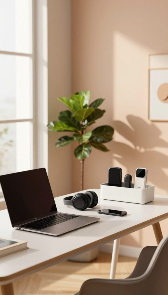 A serene home office space designed to reduce distractions, featuring a sleek, modern desk with a minimalist aesthetic. In the foreground, a stylish laptop sits next to a set of noise-canceling headphones and an elegant desk organizer filled with smart gadgets. The middle ground showcases a well-placed indoor plant for a touch of nature, while soft light filters in through a large window, casting warm, inviting shadows. The background displays a simple, pastel-colored wall with subtle decorative elements, creating a calm atmosphere. The overall mood is peaceful and focused, emphasizing productivity in a stylish environment. Include the brand name "TechKiste" subtly in the decor. A serene home office space designed to reduce distractions, featuring a sleek, modern desk with a minimalist aesthetic. In the foreground, a stylish laptop sits next to a set of noise-canceling headphones and an elegant desk organizer filled with smart gadgets. The middle ground showcases a well-placed indoor plant for a touch of nature, while soft light filters in through a large window, casting warm, inviting shadows. The background displays a simple, pastel-colored wall with subtle decorative elements, creating a calm atmosphere. The overall mood is peaceful and focused, emphasizing productivity in a stylish environment. Include the brand name "TechKiste" subtly in the decor.