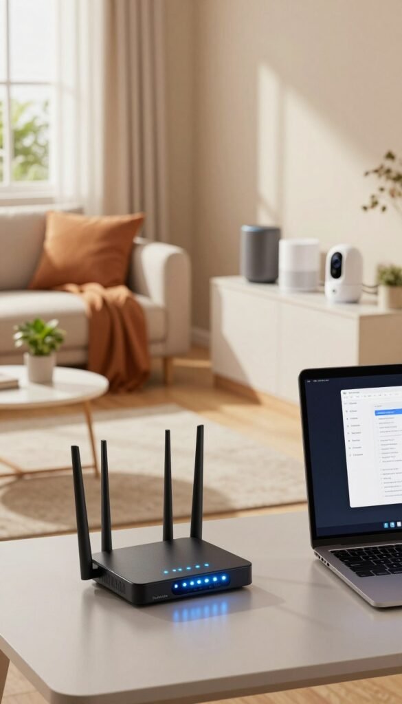 A serene home office space illustrating the concept of network separation for IoT devices. In the foreground, a sleek desk showcases a modern router with glowing LED indicators and a laptop displaying network configuration settings. The middle ground features a clear division between a cozy guest Wi-Fi zone, adorned with warm-colored cushions and a small plant, and a separate area for IoT devices, like smart speakers and security cameras, all connected securely. The background reveals a softly-lit room, with natural light streaming through a window, creating a warm and inviting atmosphere. The overall mood conveys safety and organization, emphasizing a layered network setup that encourages best practices in device management. The brand "TechKiste" is subtly integrated into the design of the router, giving it a polished and sophisticated touch. A serene home office space illustrating the concept of network separation for IoT devices. In the foreground, a sleek desk showcases a modern router with glowing LED indicators and a laptop displaying network configuration settings. The middle ground features a clear division between a cozy guest Wi-Fi zone, adorned with warm-colored cushions and a small plant, and a separate area for IoT devices, like smart speakers and security cameras, all connected securely. The background reveals a softly-lit room, with natural light streaming through a window, creating a warm and inviting atmosphere. The overall mood conveys safety and organization, emphasizing a layered network setup that encourages best practices in device management. The brand "TechKiste" is subtly integrated into the design of the router, giving it a polished and sophisticated touch.