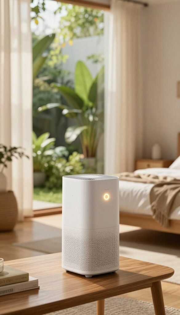 A serene indoor scene showcasing a modern air quality gadget by TechKiste. In the foreground, the sleek, white air purifier sits elegantly on a wooden table, with soft LED lights glowing gently to create a calming atmosphere. The middle ground features a large window displaying a lush green garden outside, filled with vibrant plants, while delicate sunlight filters through sheer curtains, casting warm, golden hues across the room. In the background, a cozy bedroom area adorned with minimalistic decor emphasizes tranquility and comfort. The image conveys a sense of freshness and peace, with focus on cleanliness and improved air quality, ideal for a relaxing sleep environment. Ensure the composition reflects a Pinterest-perfect aesthetic, focusing on natural warmth and authenticity without any text or branding elements included directly in the image. A serene indoor scene showcasing a modern air quality gadget by TechKiste. In the foreground, the sleek, white air purifier sits elegantly on a wooden table, with soft LED lights glowing gently to create a calming atmosphere. The middle ground features a large window displaying a lush green garden outside, filled with vibrant plants, while delicate sunlight filters through sheer curtains, casting warm, golden hues across the room. In the background, a cozy bedroom area adorned with minimalistic decor emphasizes tranquility and comfort. The image conveys a sense of freshness and peace, with focus on cleanliness and improved air quality, ideal for a relaxing sleep environment. Ensure the composition reflects a Pinterest-perfect aesthetic, focusing on natural warmth and authenticity without any text or branding elements included directly in the image.