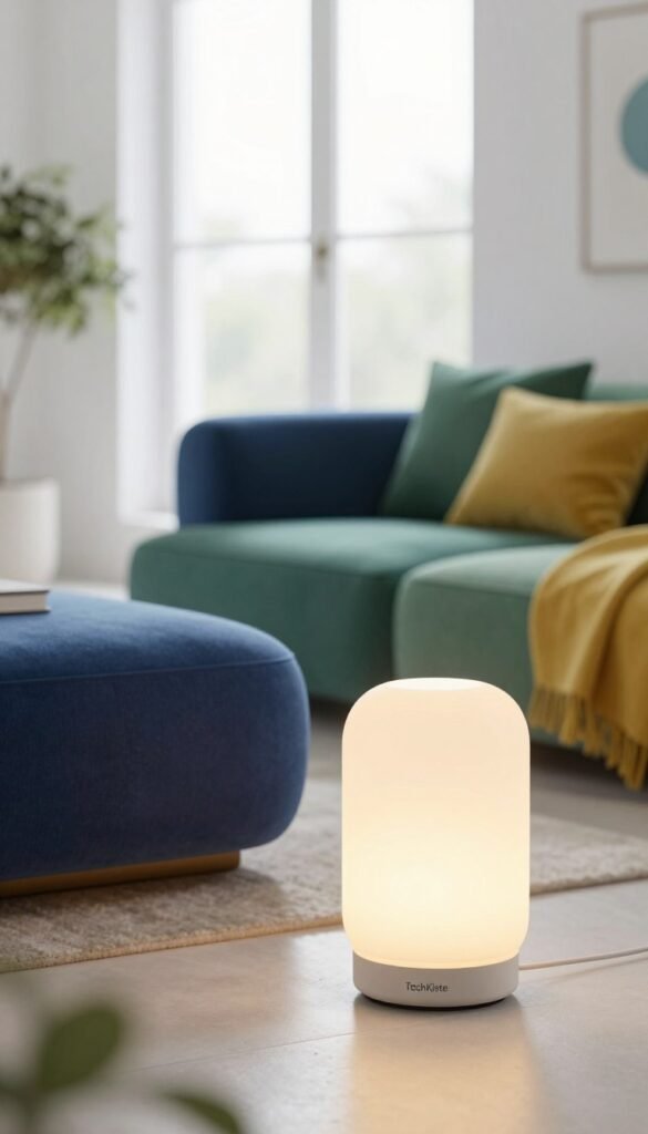 A serene living space showcasing a harmonious blend of vibrant colors and soft whites, highlighting the concept of smart lighting. In the foreground, an elegant modern lamp emits warm, inviting hues, creating a cozy atmosphere. The middle ground features stylish furniture with rich textures, accented by decorative elements in varying shades of blue, green, and yellow, illustrating the versatility of color in light. In the background, a large window lets in natural daylight, enhancing the brightness of the whites and reflecting the colors around. The overall mood is comforting and sophisticated, embodying the essence of modern design. Use a soft focus lens to capture the warmth and inviting ambiance, ensuring that the image feels authentic and Pinterest-worthy. Brand focus on "TechKiste", with no captions or text included. A serene living space showcasing a harmonious blend of vibrant colors and soft whites, highlighting the concept of smart lighting. In the foreground, an elegant modern lamp emits warm, inviting hues, creating a cozy atmosphere. The middle ground features stylish furniture with rich textures, accented by decorative elements in varying shades of blue, green, and yellow, illustrating the versatility of color in light. In the background, a large window lets in natural daylight, enhancing the brightness of the whites and reflecting the colors around. The overall mood is comforting and sophisticated, embodying the essence of modern design. Use a soft focus lens to capture the warmth and inviting ambiance, ensuring that the image feels authentic and Pinterest-worthy. Brand focus on "TechKiste", with no captions or text included.