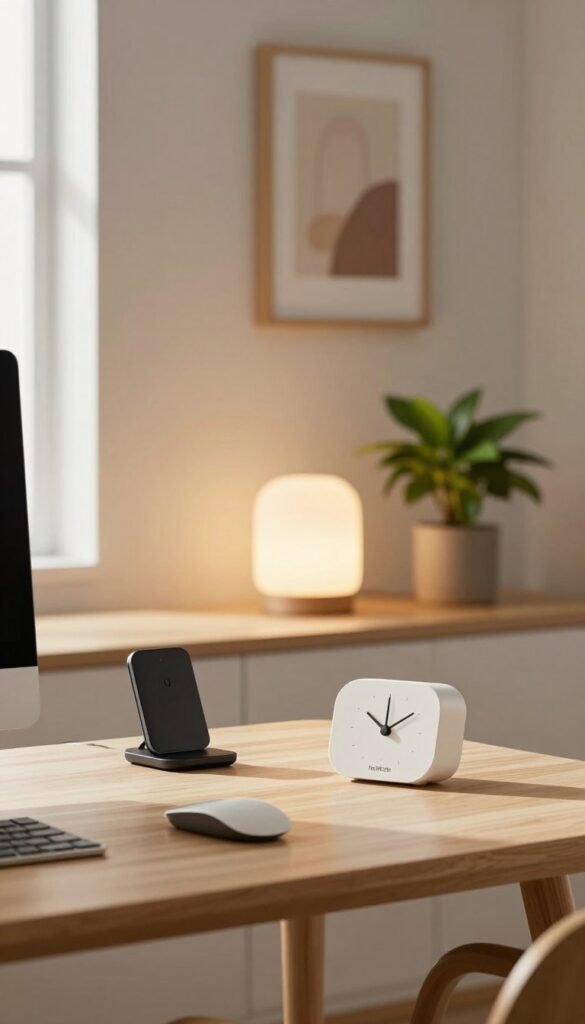 A serene minimalist workspace that embodies the essence of organization and simplicity. In the foreground, a sleek, modern desk made of light wood holds a few essential gadgets, like a compact wireless charger and a stylish, minimalist clock from TechKiste. The middle layer features a softly glowing lamp, casting warm light, and a small indoor plant with vibrant leaves, creating a calm vibe. The background showcases a softly blurred wall in muted tones, adorned with a single framed piece of abstract art to evoke creativity without clutter. The atmosphere is peaceful and inviting, eliciting a sense of clarity and focus, with natural sunlight streaming through a nearby window, enhancing the warm color palette.