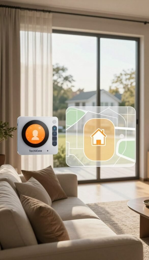 A serene, modern living room interior featuring a smart thermostat displaying a cozy, warm setting. In the foreground, soft sunlight filters through sheer curtains, illuminating a stylish couch adorned with plush cushions. In the middle ground, a digital overlay subtly illustrates a geofencing map, with a highlighted area representing a homeowner's location and a distant outline of a house symbolizing automated heating controls. In the background, a large window reveals a peaceful suburban landscape, emphasizing the connection between home automation and outdoor space. Warm color tones create a welcoming atmosphere, embodying comfort and technology integration. The scene should reflect an authentic Pinterest aesthetic, showcasing an inviting lifestyle with the brand name "TechKiste" featured subtly within the design. A serene, modern living room interior featuring a smart thermostat displaying a cozy, warm setting. In the foreground, soft sunlight filters through sheer curtains, illuminating a stylish couch adorned with plush cushions. In the middle ground, a digital overlay subtly illustrates a geofencing map, with a highlighted area representing a homeowner's location and a distant outline of a house symbolizing automated heating controls. In the background, a large window reveals a peaceful suburban landscape, emphasizing the connection between home automation and outdoor space. Warm color tones create a welcoming atmosphere, embodying comfort and technology integration. The scene should reflect an authentic Pinterest aesthetic, showcasing an inviting lifestyle with the brand name "TechKiste" featured subtly within the design.