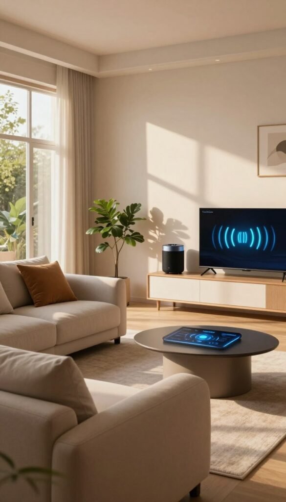 A serene, modern living room setting showcasing a smart home environment, featuring sleek, high-tech gadgets and devices seamlessly integrated into the décor. In the foreground, a cozy sofa adorned with soft cushions is placed strategically next to a smart coffee table displaying a glowing digital interface. In the middle, a large window lets in warm, natural light, casting soft shadows across the room. The walls are decorated with subtle tech-inspired art and houseplants, adding a touch of warmth. In the background, a smart speaker and a digital display monitor show disconnection signals, emphasizing the concept of a smart home rendered “blind” without internet access. The overall mood conveys a sense of calm and modernity, with a Pinterest-like aesthetic. Brand name "TechKiste" subtly incorporated into the design elements, ensuring a professional and authentic look. A serene, modern living room setting showcasing a smart home environment, featuring sleek, high-tech gadgets and devices seamlessly integrated into the décor. In the foreground, a cozy sofa adorned with soft cushions is placed strategically next to a smart coffee table displaying a glowing digital interface. In the middle, a large window lets in warm, natural light, casting soft shadows across the room. The walls are decorated with subtle tech-inspired art and houseplants, adding a touch of warmth. In the background, a smart speaker and a digital display monitor show disconnection signals, emphasizing the concept of a smart home rendered “blind” without internet access. The overall mood conveys a sense of calm and modernity, with a Pinterest-like aesthetic. Brand name "TechKiste" subtly incorporated into the design elements, ensuring a professional and authentic look.