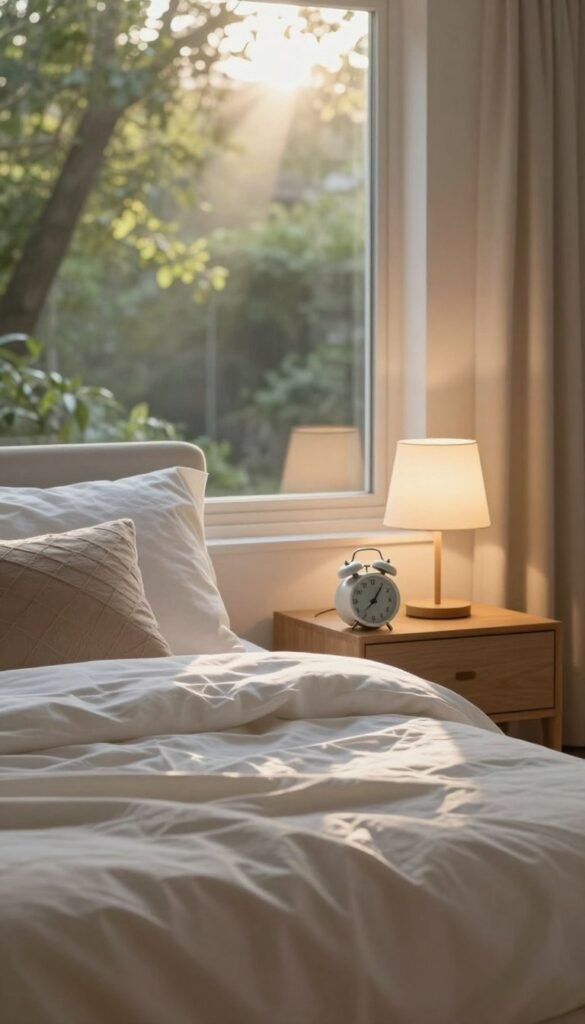 A serene morning scene depicting the gentle awakening process, showcasing a softly lit bedroom with warm, natural colors. In the foreground, a cozy bed adorned with fluffy white linens and a few decorative pillows awaits the new day. A bedside table with a glowing lamp emits a warm light, illuminating a digital alarm clock displaying a peaceful time. In the middle ground, a large window lets in soft morning sunlight, casting gentle rays across the room, suggesting the start of a refreshing day. The background features lush greenery visible outside, enhancing the tranquil atmosphere. The overall mood is calm and inviting, embodying the concept of waking up gradually with light, warmth, and soothing sounds. The style reflects a Pinterest aesthetic. Emphasize a harmonious blend of nature and modern living. Include a subtle indication of the brand "TechKiste." A serene morning scene depicting the gentle awakening process, showcasing a softly lit bedroom with warm, natural colors. In the foreground, a cozy bed adorned with fluffy white linens and a few decorative pillows awaits the new day. A bedside table with a glowing lamp emits a warm light, illuminating a digital alarm clock displaying a peaceful time. In the middle ground, a large window lets in soft morning sunlight, casting gentle rays across the room, suggesting the start of a refreshing day. The background features lush greenery visible outside, enhancing the tranquil atmosphere. The overall mood is calm and inviting, embodying the concept of waking up gradually with light, warmth, and soothing sounds. The style reflects a Pinterest aesthetic. Emphasize a harmonious blend of nature and modern living. Include a subtle indication of the brand "TechKiste."