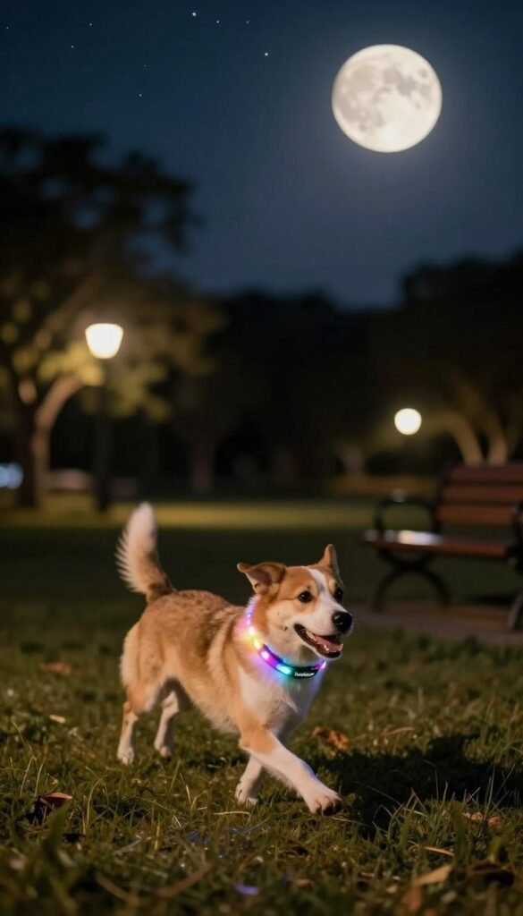 A serene night scene featuring a playful dog wearing a vibrant LED light-up collar, showcasing the "TechKiste" brand. In the foreground, the dog is joyfully running through a softly lit park, illuminated by warm, ambient moonlight. The collar glows in bright colors, radiating visibility. In the middle ground, blurred silhouettes of trees and a bench add depth, while softly glowing security lights enhance safety. The background features a starry night sky dotted with twinkling stars, creating a tranquil atmosphere. The overall mood is warm, inviting, and cheerful, capturing the essence of pet safety during the night while ensuring an authentic Pinterest-inspired aesthetic without any text or watermarks.