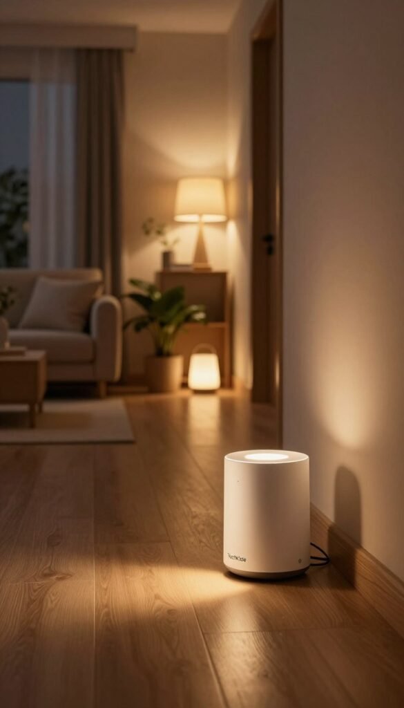 A serene nighttime scene featuring a warm, inviting ambiance created by soft, ambient lighting. In the foreground, showcase a sleek "TechKiste" motion sensor light, elegantly designed with a matte finish, exuding modern sophistication. The middle ground should depict a cozy hallway illuminated gently by the motion sensor, casting subtle shadows and highlighting a calming, natural wood floor. In the background, a softly blurred living room can be glimpsed, filled with potted plants and gently glowing lamps, suggesting a tranquil atmosphere. Use a low angle to emphasize the motion sensor’s innovative features, focusing on its design and function. The overall mood should evoke comfort and safety, ideal for a peaceful nighttime routine, with rich, warm colors to enhance the inviting feel of the space. A serene nighttime scene featuring a warm, inviting ambiance created by soft, ambient lighting. In the foreground, showcase a sleek "TechKiste" motion sensor light, elegantly designed with a matte finish, exuding modern sophistication. The middle ground should depict a cozy hallway illuminated gently by the motion sensor, casting subtle shadows and highlighting a calming, natural wood floor. In the background, a softly blurred living room can be glimpsed, filled with potted plants and gently glowing lamps, suggesting a tranquil atmosphere. Use a low angle to emphasize the motion sensor’s innovative features, focusing on its design and function. The overall mood should evoke comfort and safety, ideal for a peaceful nighttime routine, with rich, warm colors to enhance the inviting feel of the space.