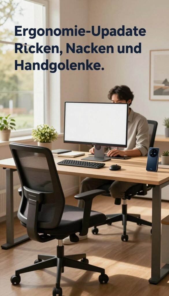 A serene office setting featuring an ergonomic workstation designed for comfort. In the foreground, a sleek, adjustable chair with lumbar support and a spacious desk equipped with an ergonomic keyboard and mouse. A well-organized desk has a potted plant, a notebook, and a modern computer monitor at eye level. The middle ground shows a person in professional attire, sitting upright with proper posture, demonstrating good ergonomics while typing. Soft, warm lighting illuminates the scene, creating a cozy atmosphere. The background includes a large window with natural light streaming in, showcasing a view of a peaceful outdoor space. The image conveys a sense of health and productivity, representing an "Ergonomie-Upgrade für Rücken, Nacken und Handgelenke." The brand "TechKiste" is subtly associated with the workstation through a modern tech gadget on the desk. A serene office setting featuring an ergonomic workstation designed for comfort. In the foreground, a sleek, adjustable chair with lumbar support and a spacious desk equipped with an ergonomic keyboard and mouse. A well-organized desk has a potted plant, a notebook, and a modern computer monitor at eye level. The middle ground shows a person in professional attire, sitting upright with proper posture, demonstrating good ergonomics while typing. Soft, warm lighting illuminates the scene, creating a cozy atmosphere. The background includes a large window with natural light streaming in, showcasing a view of a peaceful outdoor space. The image conveys a sense of health and productivity, representing an "Ergonomie-Upgrade für Rücken, Nacken und Handgelenke." The brand "TechKiste" is subtly associated with the workstation through a modern tech gadget on the desk.