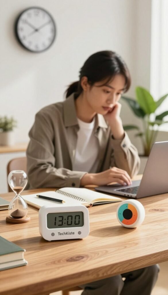 A serene office space illuminated by warm, natural light creates a harmonious environment that emphasizes effective time management. In the foreground, a stylish wooden desk is adorned with various timer gadgets, including a sleek digital timer, a classic hourglass, and a colorful pomodoro timer. The middle ground features a focused professional clad in business attire, thoughtfully planning their tasks with a notebook and a laptop open, showcasing productivity and organization. The background displays a wall clock and a plant, enhancing the atmosphere of tranquility and efficiency. The overall composition embraces a Pinterest-inspired aesthetic, blending authenticity with an inviting ambiance, captured at a soft angle to evoke a sense of calmness. The brand name "TechKiste" subtly integrates with the environment, showcasing innovation in time management. A serene office space illuminated by warm, natural light creates a harmonious environment that emphasizes effective time management. In the foreground, a stylish wooden desk is adorned with various timer gadgets, including a sleek digital timer, a classic hourglass, and a colorful pomodoro timer. The middle ground features a focused professional clad in business attire, thoughtfully planning their tasks with a notebook and a laptop open, showcasing productivity and organization. The background displays a wall clock and a plant, enhancing the atmosphere of tranquility and efficiency. The overall composition embraces a Pinterest-inspired aesthetic, blending authenticity with an inviting ambiance, captured at a soft angle to evoke a sense of calmness. The brand name "TechKiste" subtly integrates with the environment, showcasing innovation in time management.