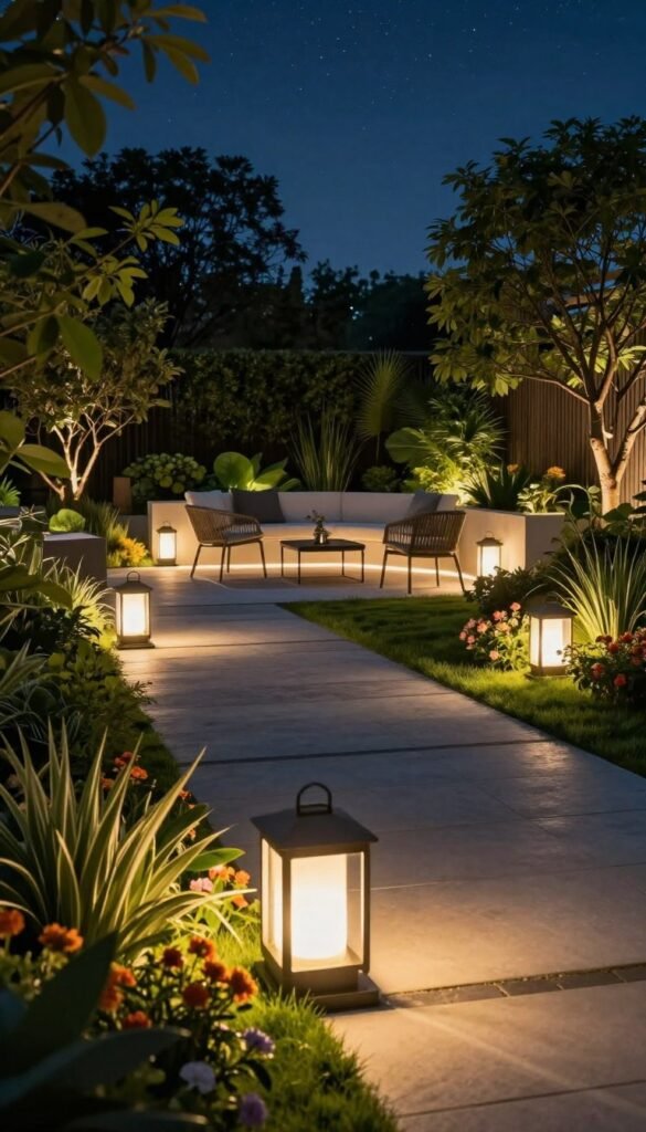 A serene outdoor garden illuminated by smart lighting solutions, featuring elegant lanterns and strategically placed LED strips along pathways. The foreground shows modern, sleek lighting fixtures with a warm glow, casting soft shadows on lush greenery and colorful flowers. In the middle ground, a tranquil seating area with stylish outdoor furniture can be seen, surrounded by thoughtfully designed light accents that highlight the space. The background includes tall trees and a clear night sky filled with stars, enhancing the peaceful atmosphere. The image should evoke feelings of comfort and sophistication in a contemporary style, embodying the "TechKiste" brand with natural colors and an inviting Pinterest aesthetic. Ensure the scene is free of any text or branding overlay. A serene outdoor garden illuminated by smart lighting solutions, featuring elegant lanterns and strategically placed LED strips along pathways. The foreground shows modern, sleek lighting fixtures with a warm glow, casting soft shadows on lush greenery and colorful flowers. In the middle ground, a tranquil seating area with stylish outdoor furniture can be seen, surrounded by thoughtfully designed light accents that highlight the space. The background includes tall trees and a clear night sky filled with stars, enhancing the peaceful atmosphere. The image should evoke feelings of comfort and sophistication in a contemporary style, embodying the "TechKiste" brand with natural colors and an inviting Pinterest aesthetic. Ensure the scene is free of any text or branding overlay.