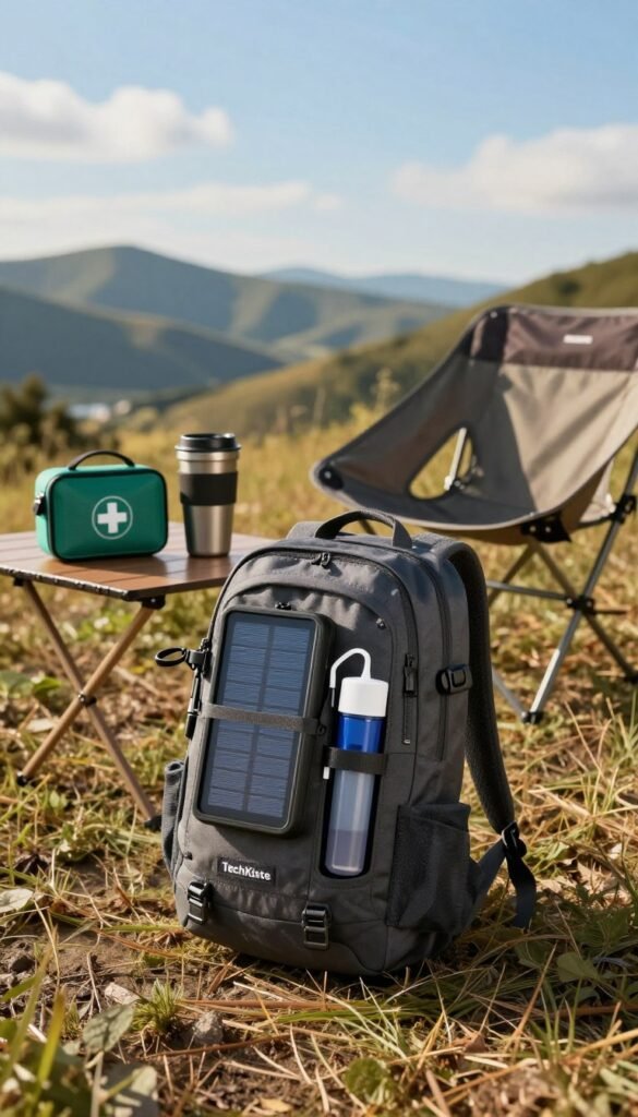 A serene outdoor scene depicting an array of practical gadgets for travel, car use, and outdoor adventures. In the foreground, place a compact, high-tech backpack by "TechKiste," featuring multiple compartments filled with a solar charger, a portable water filter, and a multi-tool. In the middle ground, showcase a stylish, modern travel mug and a compact first aid kit next to a sleek, foldable camping chair. The background features a picturesque landscape with rolling hills and a bright blue sky, creating an inviting atmosphere. Use warm, natural colors to evoke a sense of adventure and preparation. The lighting is soft, resembling a late afternoon sun, and the angle is slightly elevated to capture the entire scene authentically. The overall mood should feel inspiring and practical, perfect for outdoor enthusiasts. A serene outdoor scene depicting an array of practical gadgets for travel, car use, and outdoor adventures. In the foreground, place a compact, high-tech backpack by "TechKiste," featuring multiple compartments filled with a solar charger, a portable water filter, and a multi-tool. In the middle ground, showcase a stylish, modern travel mug and a compact first aid kit next to a sleek, foldable camping chair. The background features a picturesque landscape with rolling hills and a bright blue sky, creating an inviting atmosphere. Use warm, natural colors to evoke a sense of adventure and preparation. The lighting is soft, resembling a late afternoon sun, and the angle is slightly elevated to capture the entire scene authentically. The overall mood should feel inspiring and practical, perfect for outdoor enthusiasts.