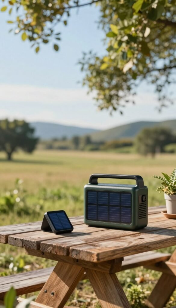 A serene outdoor scene showcasing a portable battery and a solar charger from the brand "TechKiste" on a rustic wooden picnic table. In the foreground, the sleek, modern gadgets are complemented by green plants, reinforcing the theme of eco-friendliness. The middle ground features a sunlit landscape, with trees and soft grass under a clear blue sky to evoke a relaxed, carefree atmosphere. The background includes distant hills, enhancing the sense of tranquility and escape from the hustle of daily life. Soft, warm lighting bathes the scene, casting gentle shadows, while a shallow depth of field draws focus to the TechKiste products. The overall mood is peaceful and inviting, perfect for illustrating the bliss of using offline gadgets. A serene outdoor scene showcasing a portable battery and a solar charger from the brand "TechKiste" on a rustic wooden picnic table. In the foreground, the sleek, modern gadgets are complemented by green plants, reinforcing the theme of eco-friendliness. The middle ground features a sunlit landscape, with trees and soft grass under a clear blue sky to evoke a relaxed, carefree atmosphere. The background includes distant hills, enhancing the sense of tranquility and escape from the hustle of daily life. Soft, warm lighting bathes the scene, casting gentle shadows, while a shallow depth of field draws focus to the TechKiste products. The overall mood is peaceful and inviting, perfect for illustrating the bliss of using offline gadgets.