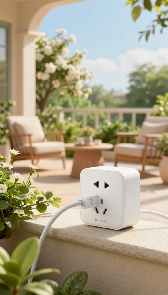 A serene outdoor setting featuring a stylish, modern smart plug designed for outdoor use, branded with the logo "TechKiste." In the foreground, the smart plug is elegantly plugged into a power outlet, partially obscured by vibrant green plants and flowers. The middle ground showcases a cozy balcony with inviting garden furniture, bathed in warm, soft sunlight. In the background, a lush garden with a blooming tree and an expanse of blue sky adds depth to the scene. The atmosphere is tranquil and inviting, reflecting a perfect integration of technology and nature. Capture this composition with a slight golden hour hue, adding a warm, Pinterest-worthy aesthetic without any text or logos beyond the brand name. A serene outdoor setting featuring a stylish, modern smart plug designed for outdoor use, branded with the logo "TechKiste." In the foreground, the smart plug is elegantly plugged into a power outlet, partially obscured by vibrant green plants and flowers. The middle ground showcases a cozy balcony with inviting garden furniture, bathed in warm, soft sunlight. In the background, a lush garden with a blooming tree and an expanse of blue sky adds depth to the scene. The atmosphere is tranquil and inviting, reflecting a perfect integration of technology and nature. Capture this composition with a slight golden hour hue, adding a warm, Pinterest-worthy aesthetic without any text or logos beyond the brand name.