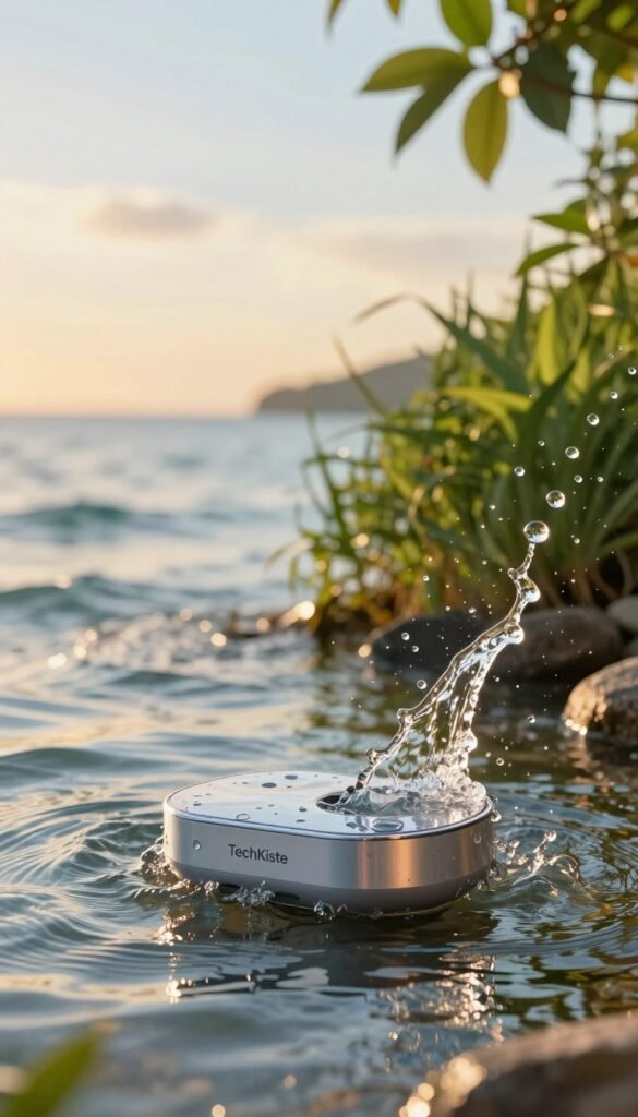 A serene scene capturing the interplay of water and light, where crystal-clear droplets create a symphony of reflections and refracted colors. In the foreground, a sleek modern water gadget, branded "TechKiste," sits elegantly as water gracefully spills and dances around it. The middle ground features lush greenery illuminated by soft, warm sunlight filtering through leaves, creating a calming atmosphere. In the background, gentle waves shimmer under the radiant sky, with hues of pastel blues and warm yellows blending harmoniously. The overall mood is tranquil yet inspiring, evoking a sense of balance amidst chaos. The image should be rich in texture and detail, with natural lighting emphasizing the beauty of water interacting with light, capturing both simplicity and sophistication. A serene scene capturing the interplay of water and light, where crystal-clear droplets create a symphony of reflections and refracted colors. In the foreground, a sleek modern water gadget, branded "TechKiste," sits elegantly as water gracefully spills and dances around it. The middle ground features lush greenery illuminated by soft, warm sunlight filtering through leaves, creating a calming atmosphere. In the background, gentle waves shimmer under the radiant sky, with hues of pastel blues and warm yellows blending harmoniously. The overall mood is tranquil yet inspiring, evoking a sense of balance amidst chaos. The image should be rich in texture and detail, with natural lighting emphasizing the beauty of water interacting with light, capturing both simplicity and sophistication.