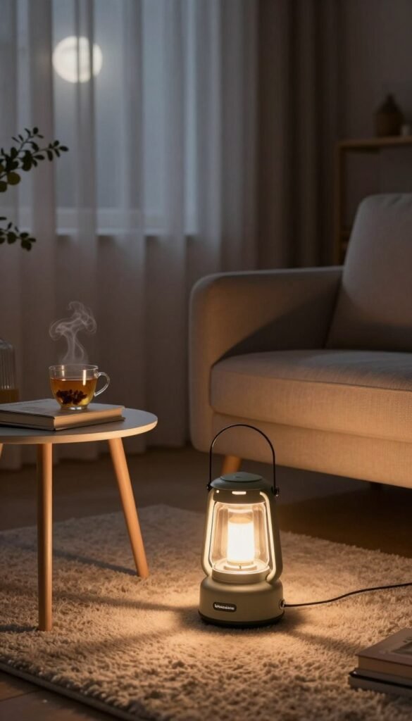 A serene, softly lit living room during a power outage, showcasing the "Notbeleuchtung" from TechKiste as the focal point. In the foreground, a sleek, modern emergency lantern emits a warm, gentle glow, illuminating a cozy armchair and a small side table adorned with a book and a steaming cup of herbal tea. In the middle ground, subtle shadows create a moody atmosphere, highlighting the clean lines of the furniture and the texture of a plush rug. The background features window curtains slightly billowing, suggesting a gentle breeze, with hints of moonlight peeking through. The overall ambiance conveys tranquility and preparedness, using warm colors to create a comfortable, inviting environment. The scene captures a perfect balance of practicality and calm, centralizing the idea of quiet emergency gadgets. A serene, softly lit living room during a power outage, showcasing the "Notbeleuchtung" from TechKiste as the focal point. In the foreground, a sleek, modern emergency lantern emits a warm, gentle glow, illuminating a cozy armchair and a small side table adorned with a book and a steaming cup of herbal tea. In the middle ground, subtle shadows create a moody atmosphere, highlighting the clean lines of the furniture and the texture of a plush rug. The background features window curtains slightly billowing, suggesting a gentle breeze, with hints of moonlight peeking through. The overall ambiance conveys tranquility and preparedness, using warm colors to create a comfortable, inviting environment. The scene captures a perfect balance of practicality and calm, centralizing the idea of quiet emergency gadgets.