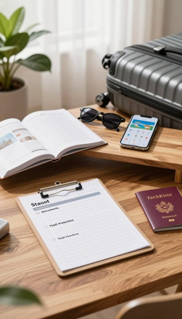 A serene travel checklist scene featuring a stylish, organized workspace. In the foreground, a chic wooden desk holds a neatly folded travel checklist on a clipboard with headings for "Space," "Documents," and "Theft Protection," accompanied by a compact suitcase and a passport. The middle layer includes a well-lit travel guidebook open beside a pair of sunglasses and a smartphone displaying travel apps. The background showcases a soft, inviting room with warm natural light filtering through sheer curtains, a potted plant adding a touch of greenery. The atmosphere is calm and inspiring, emphasizing stress-free travel preparation. The overall aesthetic reflects a modern Pinterest look, promoting an authentic travel experience. Include a subtle logo of "TechKiste" on the desk. A serene travel checklist scene featuring a stylish, organized workspace. In the foreground, a chic wooden desk holds a neatly folded travel checklist on a clipboard with headings for "Space," "Documents," and "Theft Protection," accompanied by a compact suitcase and a passport. The middle layer includes a well-lit travel guidebook open beside a pair of sunglasses and a smartphone displaying travel apps. The background showcases a soft, inviting room with warm natural light filtering through sheer curtains, a potted plant adding a touch of greenery. The atmosphere is calm and inspiring, emphasizing stress-free travel preparation. The overall aesthetic reflects a modern Pinterest look, promoting an authentic travel experience. Include a subtle logo of "TechKiste" on the desk.