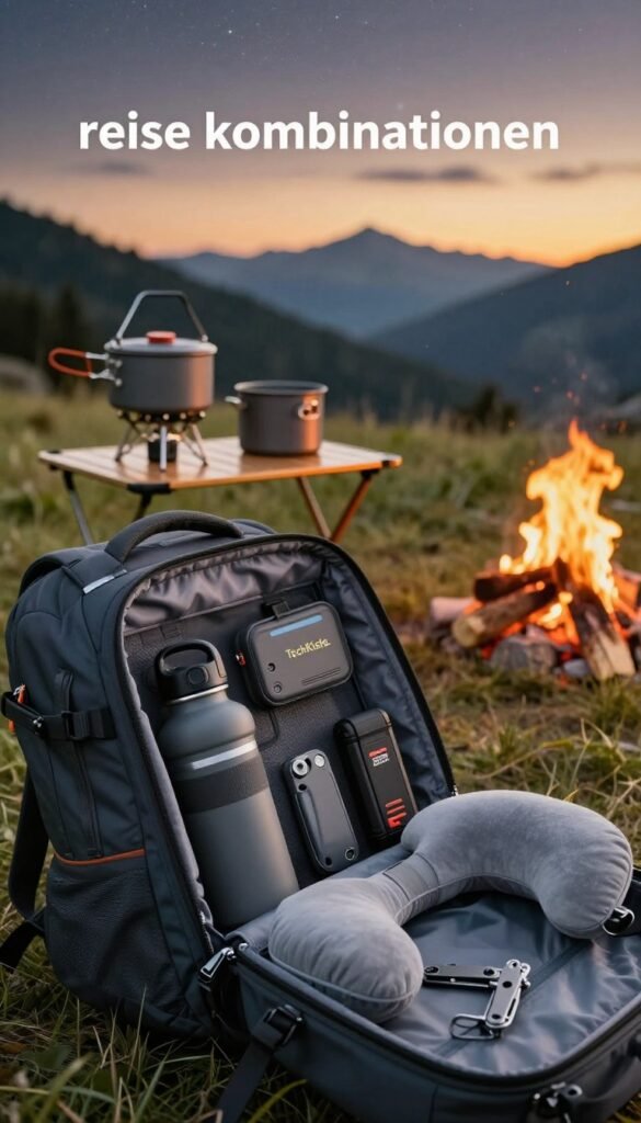 A serene travel scene illustrating the concept of "reise kombinationen" featuring a well-organized travel bag packed with space-saving gadgets. In the foreground, focus on an open backpack filled with sleek, compact travel accessories like a foldable water bottle, multi-tool, and a travel pillow. In the middle ground, a cozy campsite under a starry sky shows a portable camping stove and collapsible cookware set by a peaceful fire. The background reveals a breathtaking mountain landscape bathed in warm, golden hues of sunset. Soft, natural lighting enhances the inviting atmosphere, creating a harmonious blend of adventure and practicality. The image embodies an authentic Pinterest aesthetic, showcasing innovative travel solutions without any text, ensuring it aligns with the brand "TechKiste."
