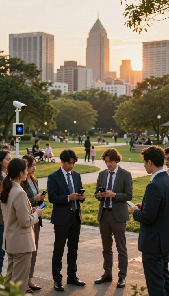 A serene urban environment reflecting a heightened sense of security. In the foreground, a diverse group of individuals, dressed in professional business attire, engages with advanced safety gadgets like smart locks and personal alarms, showcasing modern technology and innovation. In the middle ground, a well-lit park with families enjoying a day outdoors, subtle hints of security measures like surveillance cameras and emergency call stations integrated seamlessly. The background features a city skyline during golden hour, warm golden hues bathing the buildings, creating a comforting atmosphere. Soft lighting enhances the scene, evoking feelings of safety and community trust. The composition should have a Pinterest aesthetic, emphasizing authenticity and warmth. Include a discreet logo of "TechKiste" somewhere in the image, adding a professional touch without overpowering the visual.