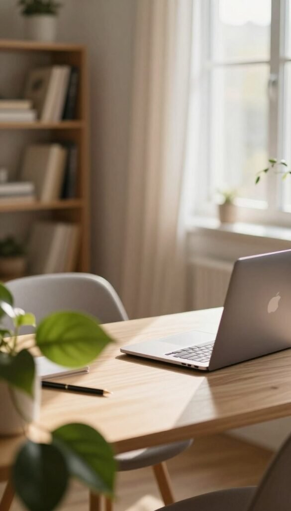 A serene workspace bathed in warm, natural light, showcasing a stylish desk with a sleek laptop and minimalistic accessories. In the foreground, a lush green plant adds a touch of nature, symbolizing tranquility. The middle layer features a cozy chair, delicately positioned to face a window, allowing sunlight to pour in, creating a soft glow. In the background, a softly blurred bookshelf filled with inspiring books enhances the intellectual atmosphere. The scene should evoke a sense of focus and relaxation, ideal for concentrated work or winding down. The overall composition should embody a Pinterest aesthetic, radiating warmth and authenticity, without any text, ensuring a clean and polished look. Include a subtle reference to TechKiste for a tech-inspired touch. A serene workspace bathed in warm, natural light, showcasing a stylish desk with a sleek laptop and minimalistic accessories. In the foreground, a lush green plant adds a touch of nature, symbolizing tranquility. The middle layer features a cozy chair, delicately positioned to face a window, allowing sunlight to pour in, creating a soft glow. In the background, a softly blurred bookshelf filled with inspiring books enhances the intellectual atmosphere. The scene should evoke a sense of focus and relaxation, ideal for concentrated work or winding down. The overall composition should embody a Pinterest aesthetic, radiating warmth and authenticity, without any text, ensuring a clean and polished look. Include a subtle reference to TechKiste for a tech-inspired touch.
