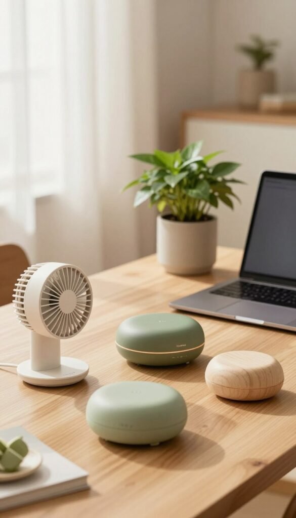A serene workspace featuring a minimalist design, showcasing various leise Gadgets laid out elegantly on a light wooden desk. In the foreground, include a sleek, quiet fan, a compact sound machine, and an eco-friendly material gadget, all designed with soft curves and natural textures. In the middle, a stylish laptop is displayed next to a potted plant, symbolizing a blend of technology and nature. The background features a softly blurred window with warm, natural light filtering through sheer curtains, creating a cozy atmosphere. The color palette should reflect warm tones with earthy greens and soft beiges, evoking a sense of calm and tranquility. The scene emphasizes authenticity and simplicity, embodying the essence of TechKiste’s dedication to thoughtful gadget design, without any text or distracting elements. A serene workspace featuring a minimalist design, showcasing various leise Gadgets laid out elegantly on a light wooden desk. In the foreground, include a sleek, quiet fan, a compact sound machine, and an eco-friendly material gadget, all designed with soft curves and natural textures. In the middle, a stylish laptop is displayed next to a potted plant, symbolizing a blend of technology and nature. The background features a softly blurred window with warm, natural light filtering through sheer curtains, creating a cozy atmosphere. The color palette should reflect warm tones with earthy greens and soft beiges, evoking a sense of calm and tranquility. The scene emphasizes authenticity and simplicity, embodying the essence of TechKiste’s dedication to thoughtful gadget design, without any text or distracting elements.