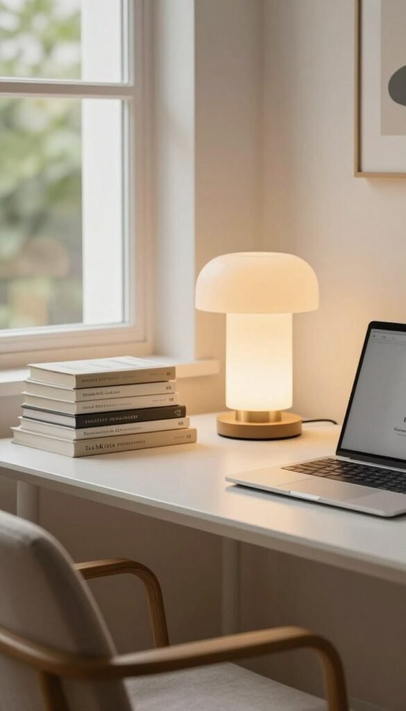 A serene workspace featuring a sleek, modern desk with a stylish table lamp emitting a soft, warm glow, illuminating a well-organized stack of books and a laptop. The foreground shows a cozy chair with a plush cushion, inviting productivity and comfort. In the middle, a window bathed in natural light lets in a hint of greenery from outside, enhancing the calm atmosphere. The background hints at a minimalistic wall with tasteful decor and warm colors, creating an inviting ambiance. The scene captures the essence of reading and working without stress, evoking a sense of focus and tranquility. Include subtle branding of "TechKiste" on the desk accessories. The overall mood is serene, professional, and aesthetically pleasing, with a Pinterest-worthy look.