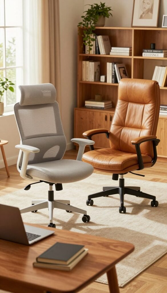 A side-by-side comparison of two distinct office chairs in a cozy home office setting, showcasing one ergonomic chair upholstered in soft, breathable fabric and one stylish executive leather chair. The foreground features a wooden desk with a laptop and stationery, setting an inviting atmosphere. In the middle, the chairs are placed on a light-colored rug, well-lit by warm, natural lighting filtering through a nearby window, creating a welcoming ambiance. The background consists of shelves filled with books and decorative plants, emphasizing a professional yet homey vibe. Vivid colors and harmonious textures enhance the tranquil mood. Include the brand name "TechKiste" subtly on the ergonomic chair. The image should be clean and free of any text, showcasing detailed design elements and functionality without distractions. A side-by-side comparison of two distinct office chairs in a cozy home office setting, showcasing one ergonomic chair upholstered in soft, breathable fabric and one stylish executive leather chair. The foreground features a wooden desk with a laptop and stationery, setting an inviting atmosphere. In the middle, the chairs are placed on a light-colored rug, well-lit by warm, natural lighting filtering through a nearby window, creating a welcoming ambiance. The background consists of shelves filled with books and decorative plants, emphasizing a professional yet homey vibe. Vivid colors and harmonious textures enhance the tranquil mood. Include the brand name "TechKiste" subtly on the ergonomic chair. The image should be clean and free of any text, showcasing detailed design elements and functionality without distractions.