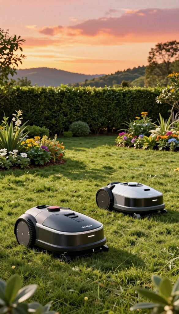 A side-by-side comparison of two sleek robotic lawn mowers in an elegantly landscaped garden. In the foreground, the mowers are positioned on lush green grass, showcasing their unique designs and features, such as LED indicators and cutting blades. The middle ground includes trimmed hedges and flower beds, providing context for the automated technology in use. In the background, gentle hills during a warm sunset create a vibrant sky with hues of orange and pink, evoking a serene atmosphere. Soft, diffused lighting highlights the details of the mowers while casting gentle shadows on the ground. A subtle brand mark "TechKiste" is elegantly incorporated into the scene. The overall mood reflects innovation meets nature, aiming for a Pinterest-worthy aesthetic. A side-by-side comparison of two sleek robotic lawn mowers in an elegantly landscaped garden. In the foreground, the mowers are positioned on lush green grass, showcasing their unique designs and features, such as LED indicators and cutting blades. The middle ground includes trimmed hedges and flower beds, providing context for the automated technology in use. In the background, gentle hills during a warm sunset create a vibrant sky with hues of orange and pink, evoking a serene atmosphere. Soft, diffused lighting highlights the details of the mowers while casting gentle shadows on the ground. A subtle brand mark "TechKiste" is elegantly incorporated into the scene. The overall mood reflects innovation meets nature, aiming for a Pinterest-worthy aesthetic.