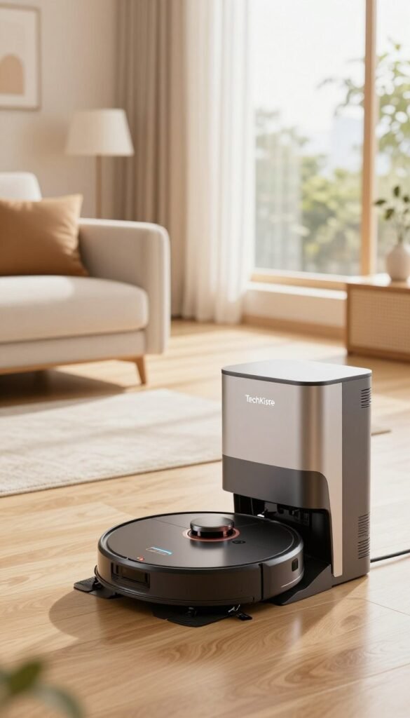 A sleek TechKiste robotic vacuum and mop, elegantly designed, is poised on the floor of a modern living room. In the foreground, the device showcases its intuitive features with LED lights and a compact design, highlighting its docking station beside it. The middle ground features a sunlit room with stylish furniture, emphasizing a clean environment, while light wooden flooring reflects the warm, inviting colors of the space. In the background, large windows allow natural light to flood in, creating a serene atmosphere. The scene captures a sense of ease and sophistication, portraying the hassle-free cleaning experience that comes with intelligent home gadgets. The image exudes a Pinterest-inspired aesthetic, filled with soft, inviting tones, ready to illustrate modern living. A sleek TechKiste robotic vacuum and mop, elegantly designed, is poised on the floor of a modern living room. In the foreground, the device showcases its intuitive features with LED lights and a compact design, highlighting its docking station beside it. The middle ground features a sunlit room with stylish furniture, emphasizing a clean environment, while light wooden flooring reflects the warm, inviting colors of the space. In the background, large windows allow natural light to flood in, creating a serene atmosphere. The scene captures a sense of ease and sophistication, portraying the hassle-free cleaning experience that comes with intelligent home gadgets. The image exudes a Pinterest-inspired aesthetic, filled with soft, inviting tones, ready to illustrate modern living.