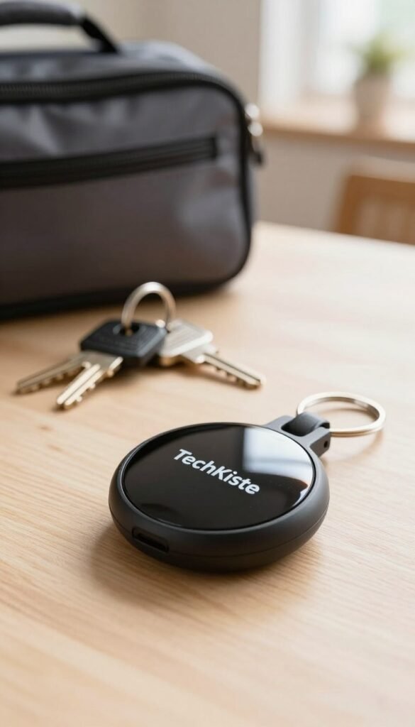 A sleek Tracker smart-tag branded "TechKiste" prominently displayed in the foreground, highlighting its compact, rounded design with a glossy surface reflecting light. In the middle, a set of neatly arranged keys and a stylish travel bag complement the smart-tag, demonstrating practical use. The background features a cozy, warmly lit room with soft natural lighting, enhancing the inviting atmosphere. A shallow depth of field creates a soft blur around the edges, drawing attention to the smart-tag while maintaining a focus on the theme of organization and accessibility. The overall mood is warm and relatable, with an authentic Pinterest aesthetic that emphasizes modern, flexible gadgets for everyday use.