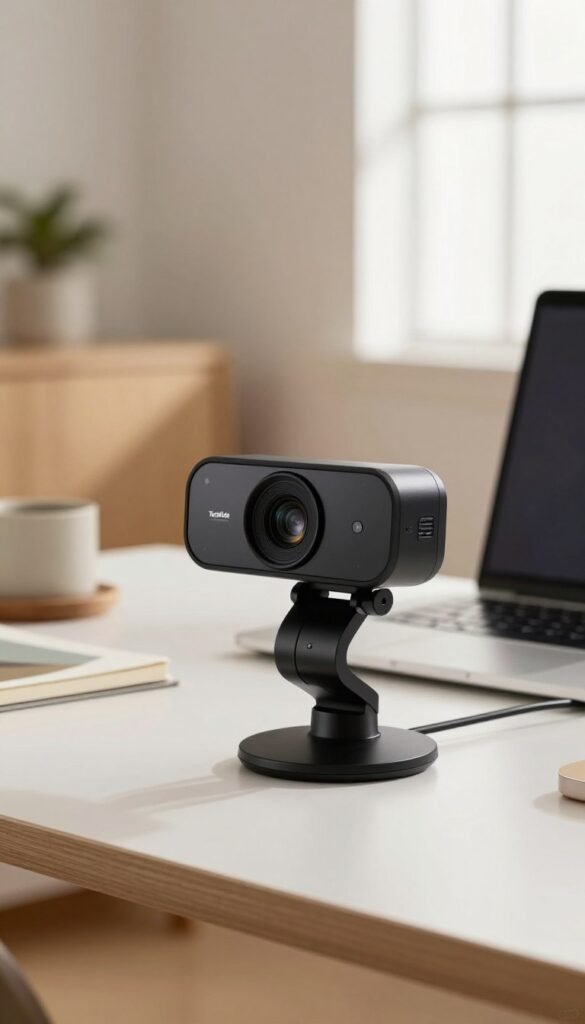 A sleek Trust Taxon QHD webcam prominently displayed on a modern office desk, featuring a high-resolution lens and a stylish black finish. In the foreground, focus on the webcam, showcasing intricate details like the lens reflection and adjustable mount. In the middle ground, include a neatly organized workspace with a laptop and minimalist accessories, emphasizing a productive atmosphere. The background should show a well-lit, cozy home office setup, with warm colors and gentle natural lighting streaming through a window, creating an inviting feel. Capture the essence of remote work efficiency with a Pinterest-style aesthetic. The image must carry a professional touch, showcasing the brand name "TechKiste" subtly integrated into the scene, without any text overlays or distractions.