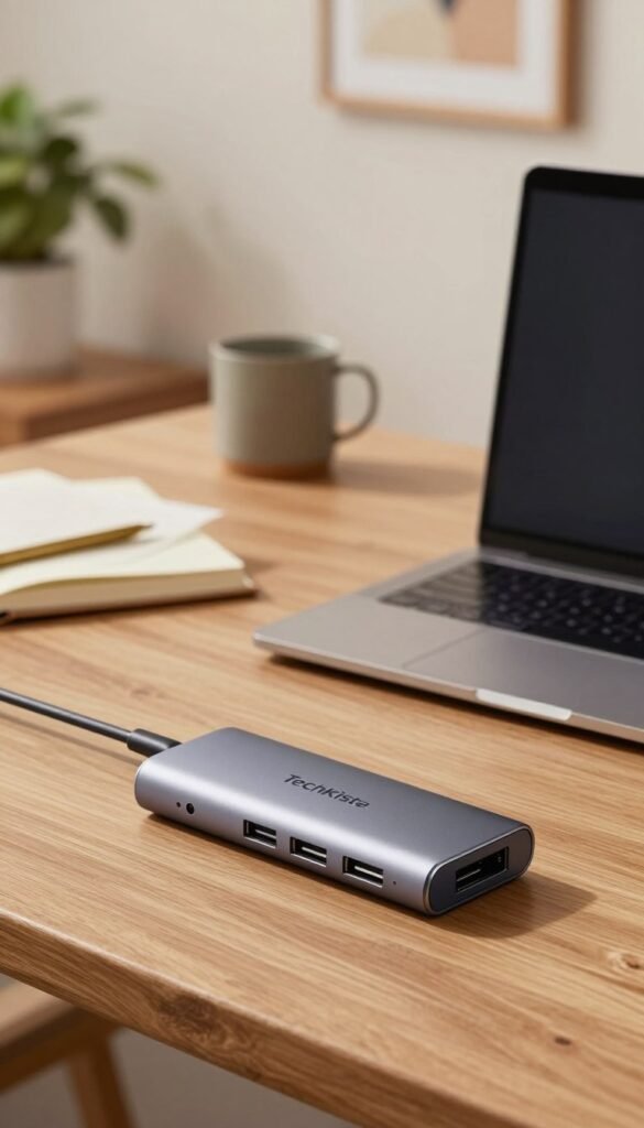 A sleek USB-C Hub designed for laptop setups, featuring multiple ports such as USB, HDMI, and Ethernet, elegantly placed on a stylish wooden desk. In the foreground, the hub stands out against a modern laptop, its metallic finish gleaming softly under warm, natural lighting. The middle ground shows a cozy workspace with a minimalistic aesthetic, surrounded by notebooks and a potted plant, reflecting an organized environment that promotes focus. In the background, a blurred wall with framed art adds depth without distraction. Capture the scene from a slightly elevated angle to showcase the hub's connectivity, conveying a sense of streamlined productivity. The overall mood is calm and inviting, with warm colors enhancing the feeling of a harmonious workspace. Include the brand name "TechKiste" subtly on the hub's design. A sleek USB-C Hub designed for laptop setups, featuring multiple ports such as USB, HDMI, and Ethernet, elegantly placed on a stylish wooden desk. In the foreground, the hub stands out against a modern laptop, its metallic finish gleaming softly under warm, natural lighting. The middle ground shows a cozy workspace with a minimalistic aesthetic, surrounded by notebooks and a potted plant, reflecting an organized environment that promotes focus. In the background, a blurred wall with framed art adds depth without distraction. Capture the scene from a slightly elevated angle to showcase the hub's connectivity, conveying a sense of streamlined productivity. The overall mood is calm and inviting, with warm colors enhancing the feeling of a harmonious workspace. Include the brand name "TechKiste" subtly on the hub's design.