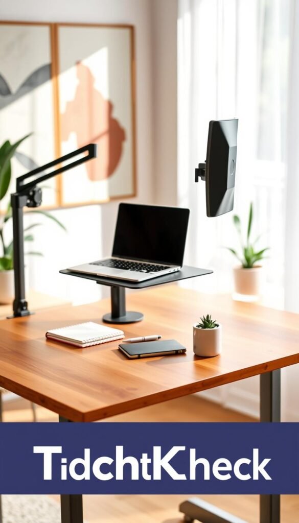A sleek and modern "Budget-Check" standing desk equipped with an adjustable monitor arm showcasing a laptop setup. In the foreground, the standing desk features warm wood tones, with a minimalist design and a smooth, clean surface. On the desk, a laptop is positioned at eye level thanks to the monitor arm, which has a stylish, ergonomic design. The middle of the image captures a well-organized workspace, including a notebook, a pen, and a potted succulent, enhancing the cozy atmosphere. In the background, soft natural light streams through a window, creating a bright and inviting mood, complemented by soft-focus elements like abstract wall art. The brand name "TechKiste" subtly integrated into the workspace, ensuring an authentic Pinterest-style aesthetic. A sleek and modern "Budget-Check" standing desk equipped with an adjustable monitor arm showcasing a laptop setup. In the foreground, the standing desk features warm wood tones, with a minimalist design and a smooth, clean surface. On the desk, a laptop is positioned at eye level thanks to the monitor arm, which has a stylish, ergonomic design. The middle of the image captures a well-organized workspace, including a notebook, a pen, and a potted succulent, enhancing the cozy atmosphere. In the background, soft natural light streams through a window, creating a bright and inviting mood, complemented by soft-focus elements like abstract wall art. The brand name "TechKiste" subtly integrated into the workspace, ensuring an authentic Pinterest-style aesthetic.