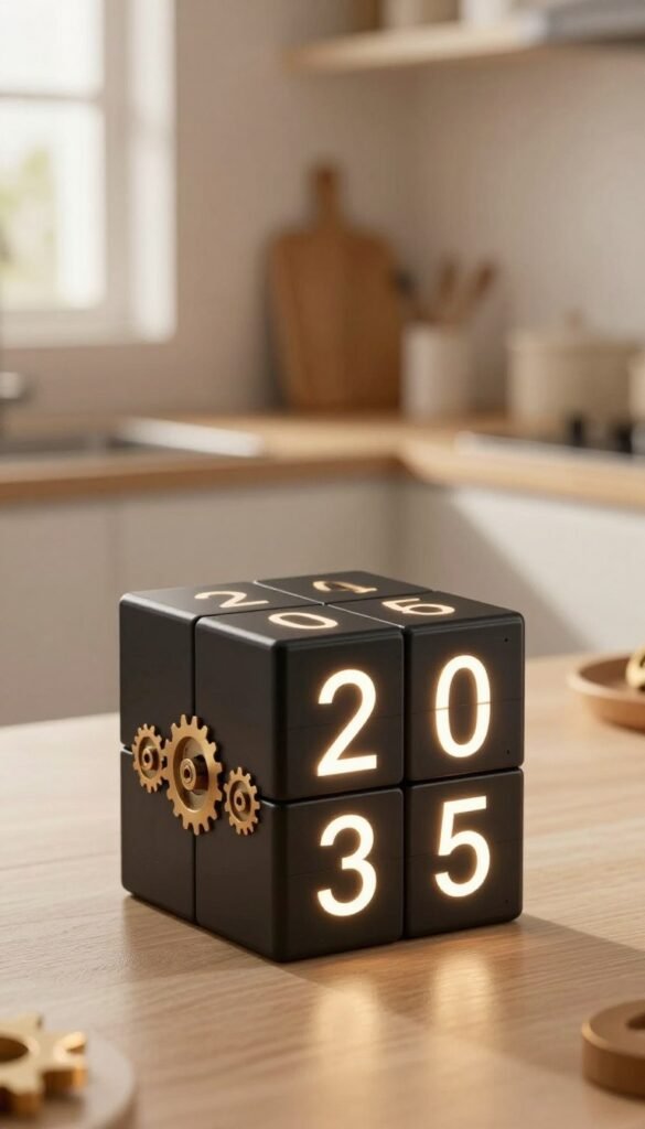 A sleek and modern Cube-Timer sits prominently in the foreground, showcasing a matte black finish with illuminated digital numbers that highlight the timer's remaining seconds. The cube's edges are softly rounded, giving it a contemporary aesthetic. In the middle ground, subtle hints of rotating gears are visible, symbolizing the 'Rotations-Timer' function, with warm gold tones reflecting light, enhancing the gadget's tech appeal. The background features a minimalist kitchen counter, adorned with soft, natural light streaming in from a nearby window, creating a cozy atmosphere. This scene embodies an authentic Pinterest-style decor, with warm colors dominating the palette, inviting viewers to appreciate the design and functionality of the Cube-Timer by TechKiste. No text, logos, or overlays visible in the image. A sleek and modern Cube-Timer sits prominently in the foreground, showcasing a matte black finish with illuminated digital numbers that highlight the timer's remaining seconds. The cube's edges are softly rounded, giving it a contemporary aesthetic. In the middle ground, subtle hints of rotating gears are visible, symbolizing the 'Rotations-Timer' function, with warm gold tones reflecting light, enhancing the gadget's tech appeal. The background features a minimalist kitchen counter, adorned with soft, natural light streaming in from a nearby window, creating a cozy atmosphere. This scene embodies an authentic Pinterest-style decor, with warm colors dominating the palette, inviting viewers to appreciate the design and functionality of the Cube-Timer by TechKiste. No text, logos, or overlays visible in the image.