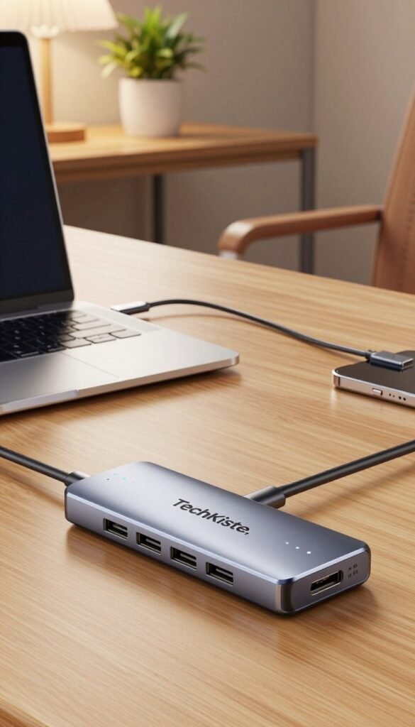 A sleek and modern USB-C hub, branded "TechKiste," prominently displayed in the foreground, showcasing multiple ports including USB-A, HDMI, and SD card slots. The hub should be elegantly designed with a metallic finish and subtle LED indicators. In the middle ground, an open laptop connected to the hub highlights its functionality, while scattered charging cables demonstrate its versatility in reducing adapter chaos. In the background, a stylish office space with warm, inviting lighting creates a professional atmosphere, featuring a wooden desk and potted plants. Soft focus on the background enhances the hub's importance, conveying a sense of organization and efficiency. The overall mood is one of modern technological sophistication, perfect for a contemporary workspace. A sleek and modern USB-C hub, branded "TechKiste," prominently displayed in the foreground, showcasing multiple ports including USB-A, HDMI, and SD card slots. The hub should be elegantly designed with a metallic finish and subtle LED indicators. In the middle ground, an open laptop connected to the hub highlights its functionality, while scattered charging cables demonstrate its versatility in reducing adapter chaos. In the background, a stylish office space with warm, inviting lighting creates a professional atmosphere, featuring a wooden desk and potted plants. Soft focus on the background enhances the hub's importance, conveying a sense of organization and efficiency. The overall mood is one of modern technological sophistication, perfect for a contemporary workspace.