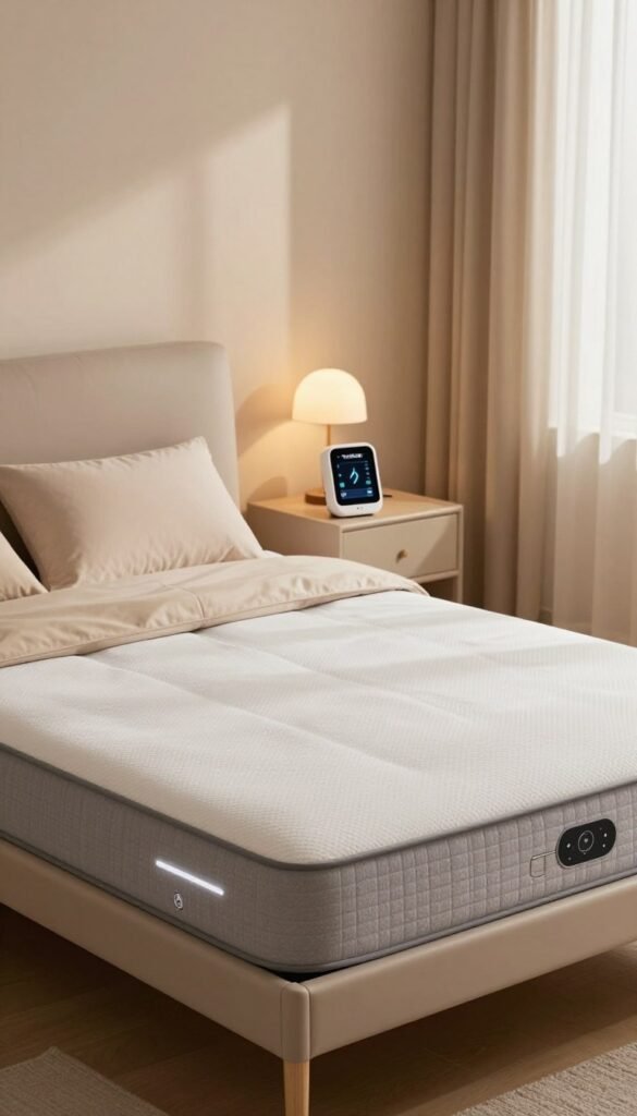 A sleek and modern Withings sleep analyzer mattress positioned on a stylish bed frame, adorned with minimalist bedding in soft, natural colors. The mattress is the focal point, showcasing its unique features like embedded sensors and a smooth, textured surface. In the background, a serene bedroom atmosphere is enhanced by warm lighting that creates a cozy, inviting ambiance. Soft shadows cast by a bedside lamp and a gentle glow filter through sheer curtains, adding depth and warmth to the scene. On a nightstand, a discreet TechKiste device displays sleep analytics, blending seamlessly into the overall aesthetic. The image evokes a sense of tranquility and sophistication, perfect for understanding sleep tracking technology in a contemporary setting. A sleek and modern Withings sleep analyzer mattress positioned on a stylish bed frame, adorned with minimalist bedding in soft, natural colors. The mattress is the focal point, showcasing its unique features like embedded sensors and a smooth, textured surface. In the background, a serene bedroom atmosphere is enhanced by warm lighting that creates a cozy, inviting ambiance. Soft shadows cast by a bedside lamp and a gentle glow filter through sheer curtains, adding depth and warmth to the scene. On a nightstand, a discreet TechKiste device displays sleep analytics, blending seamlessly into the overall aesthetic. The image evokes a sense of tranquility and sophistication, perfect for understanding sleep tracking technology in a contemporary setting.